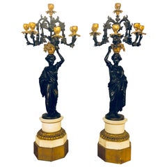 Pair of Neoclassical Style Bronze Six-Arm Figural Candelabra