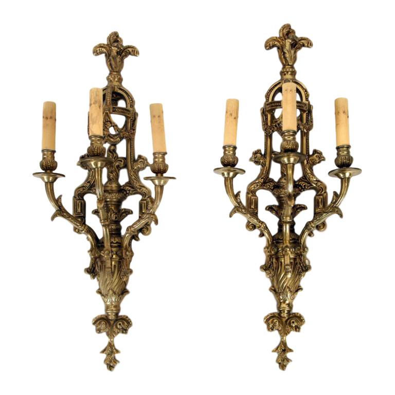 Pair of Neoclassical Style Bronze Three Arm Wall Sconce Lights, circa 1900 For Sale