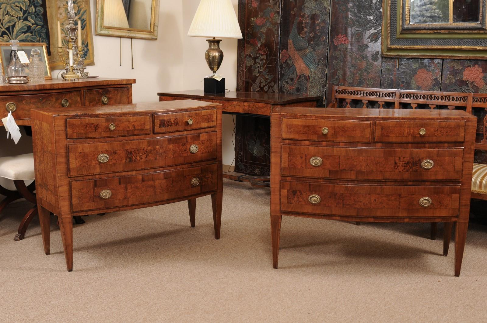 Pair of Neoclassical Style Burled Walnut Italian Bow-Front Commodes 5