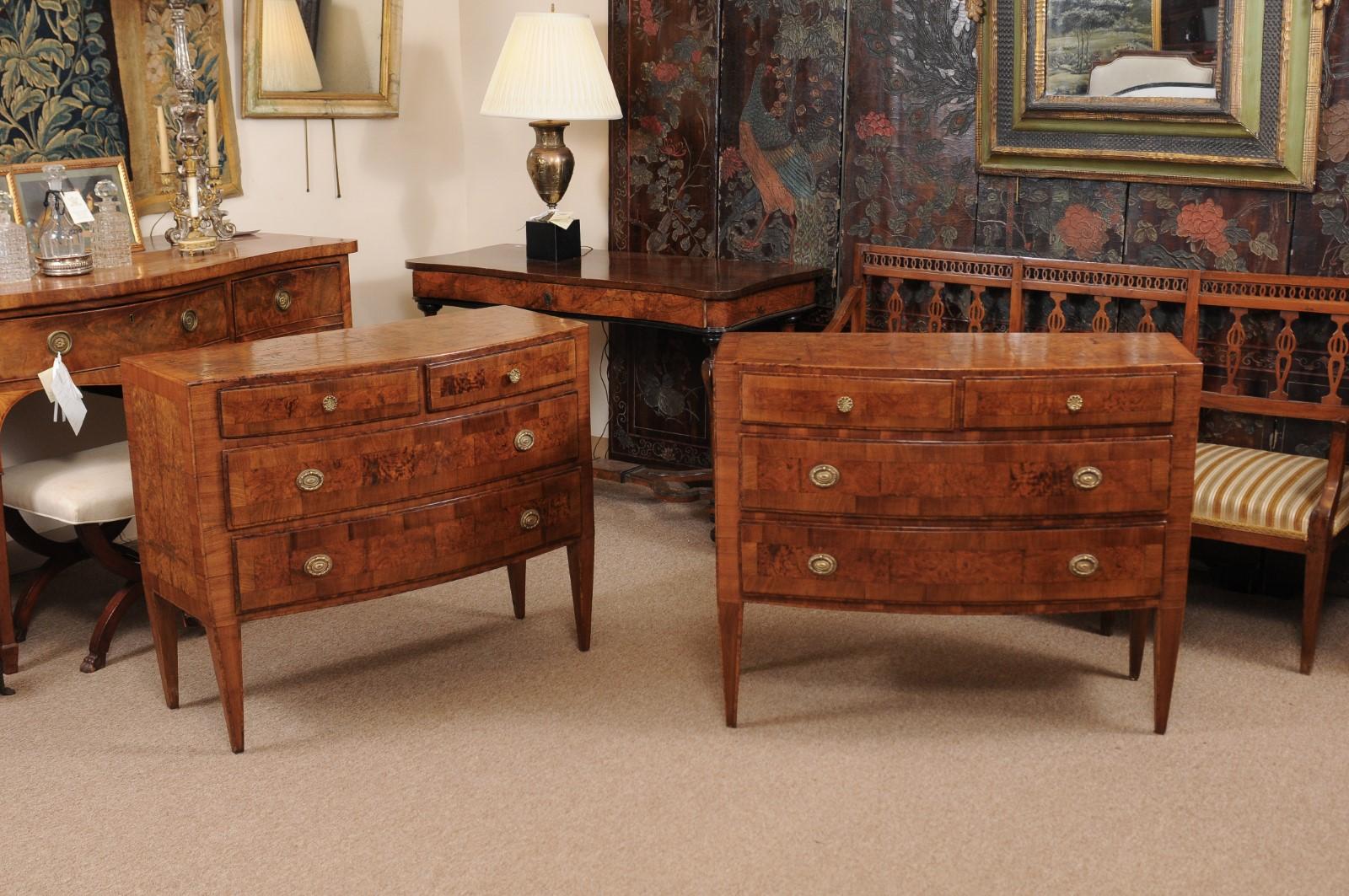 Pair of Neoclassical Style Burled Walnut Italian Bow-Front Commodes 6