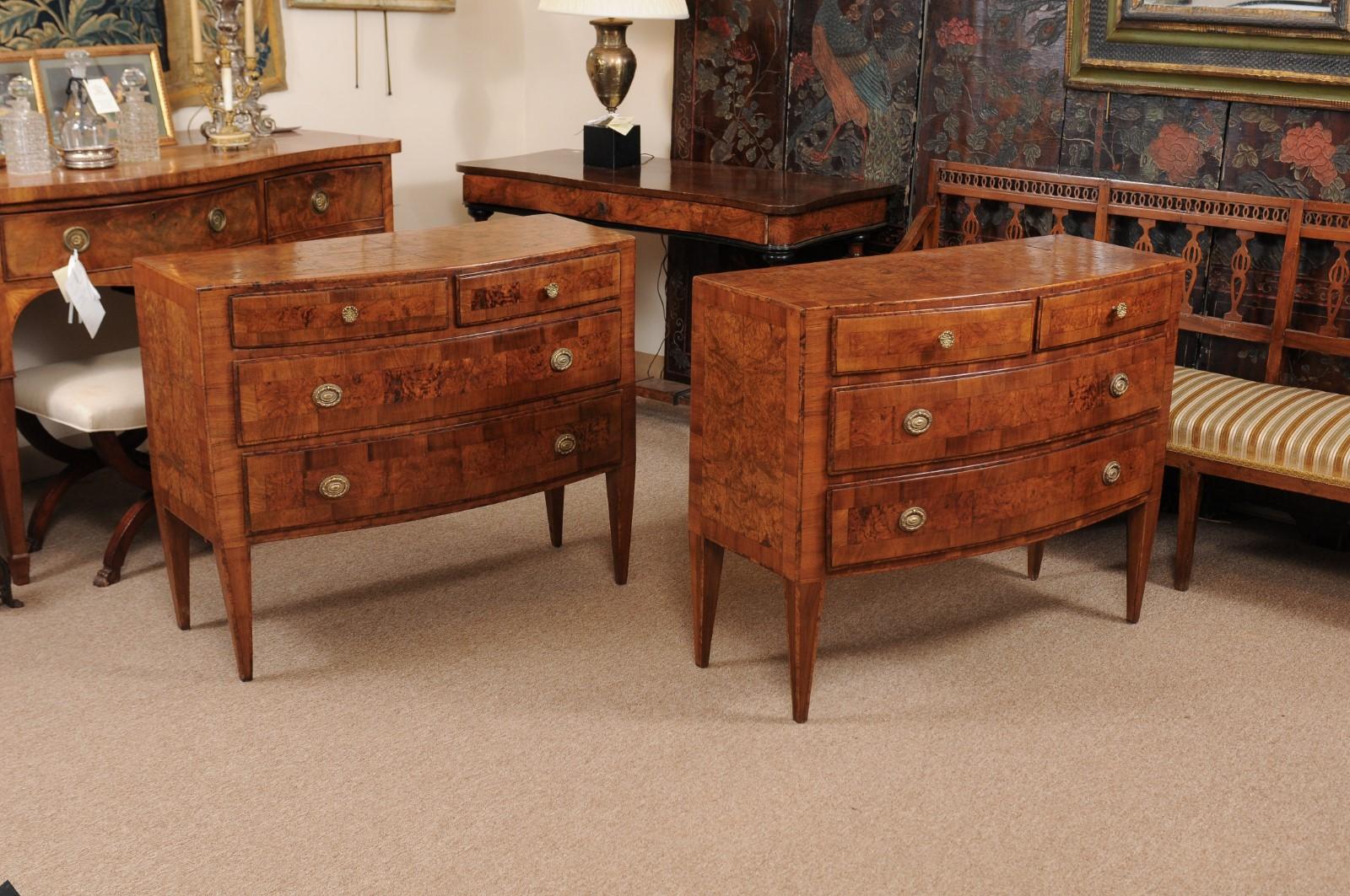 Pair of Neoclassical Style Burled Walnut Italian Bow-Front Commodes 7