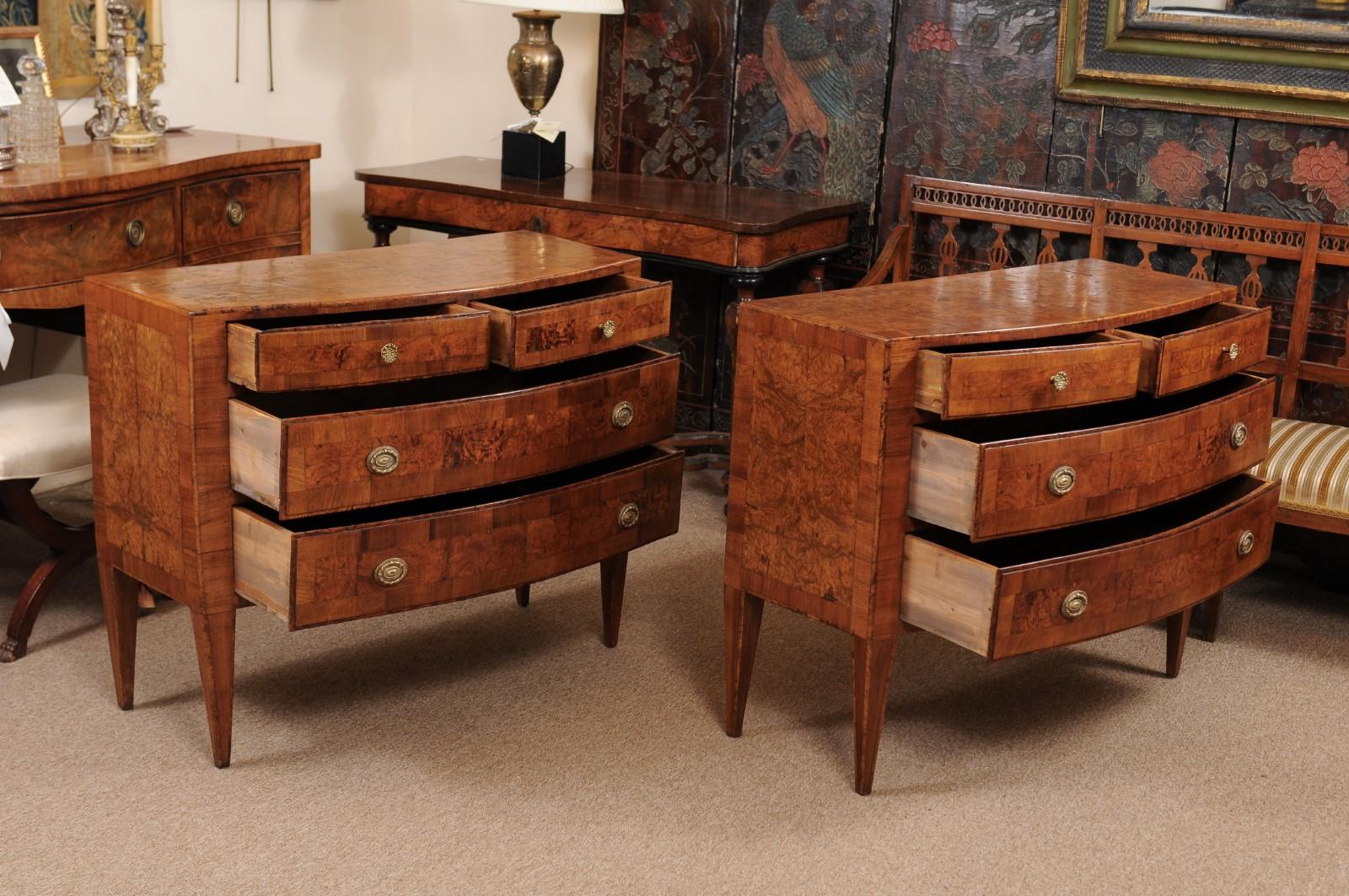 Pair of Neoclassical Style Burled Walnut Italian Bow-Front Commodes 8