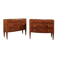 Antique Pair of Neoclassical Style Burled Walnut Italian Bow-Front Commodes