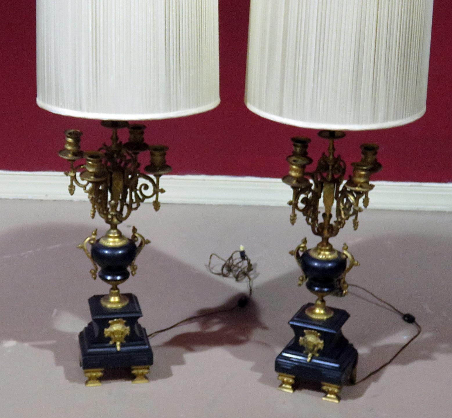 Pair of Bronze and Marble Neoclassical Style Candelabra Lamps In Good Condition In Swedesboro, NJ