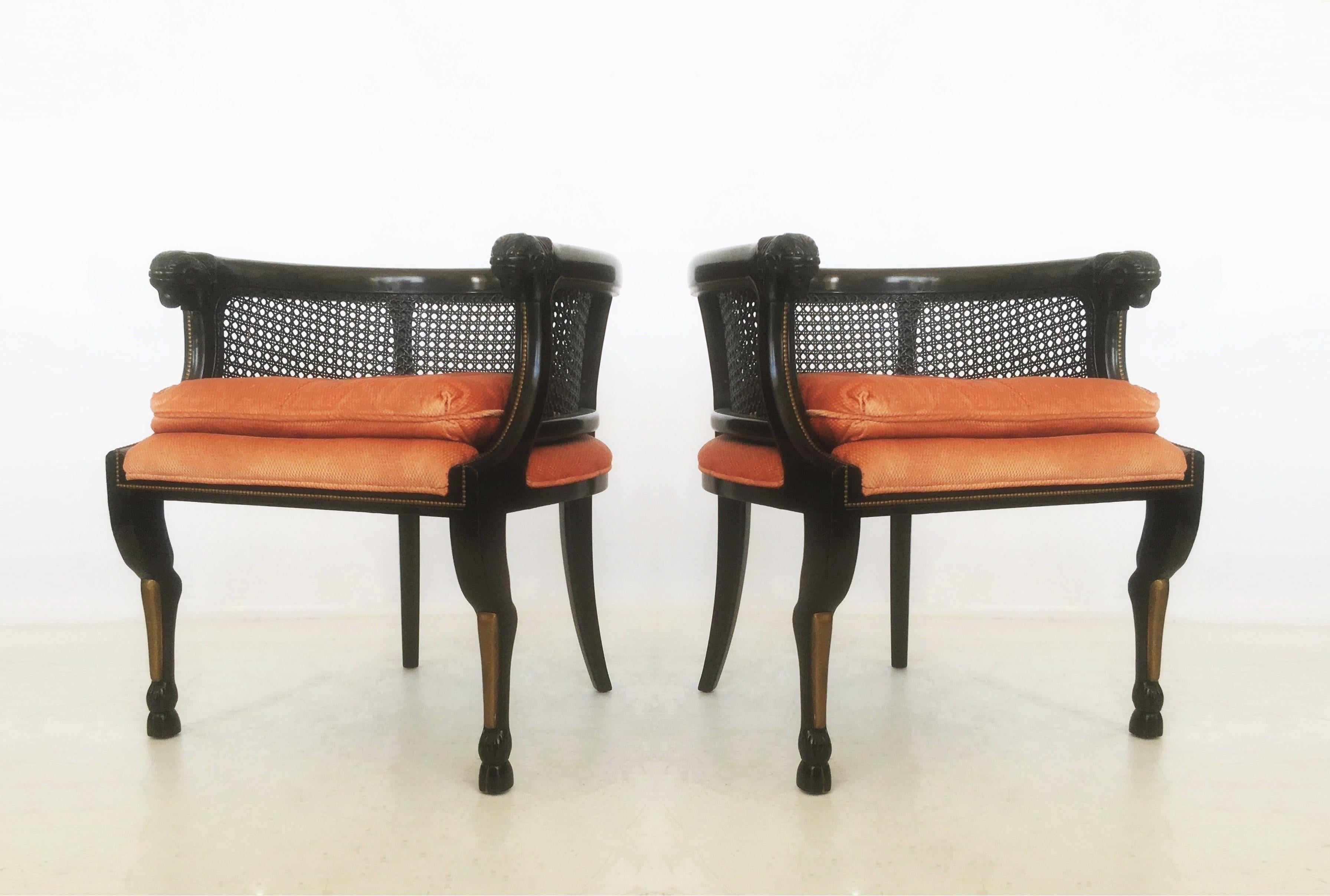 Modern Pair of Neoclassical Style Caned Back Ram's Head Armchairs For Sale
