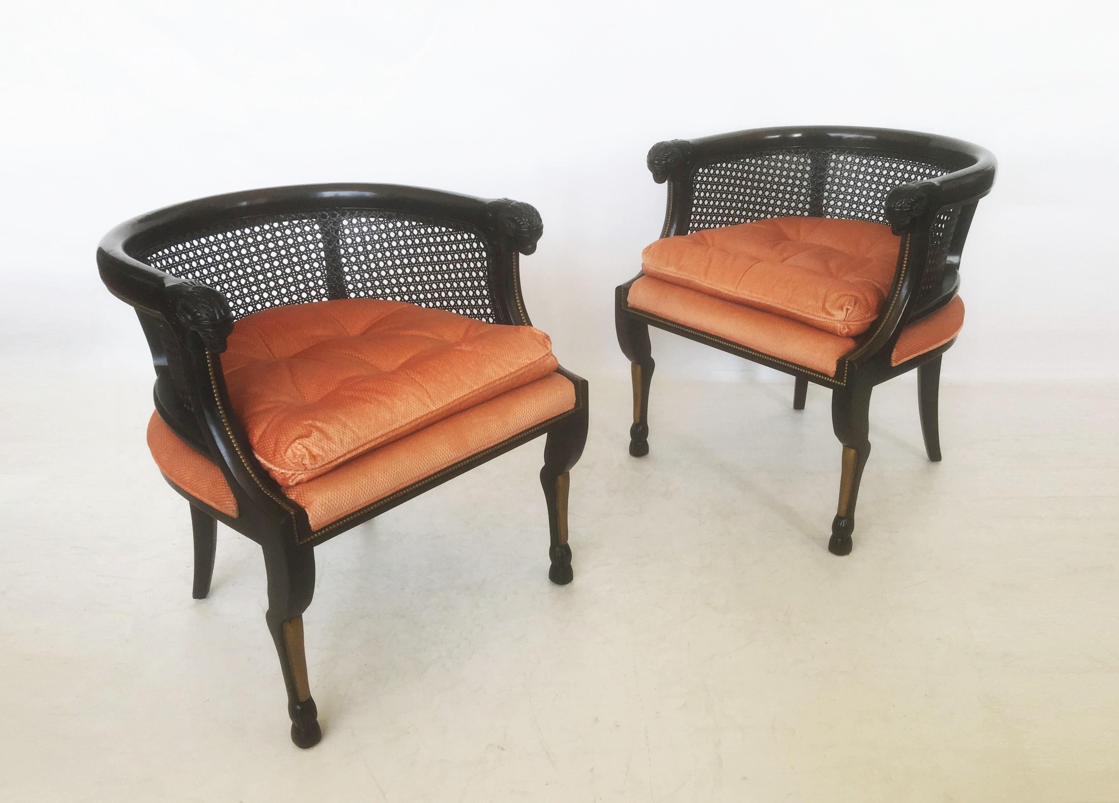 American Pair of Neoclassical Style Caned Back Ram's Head Armchairs For Sale