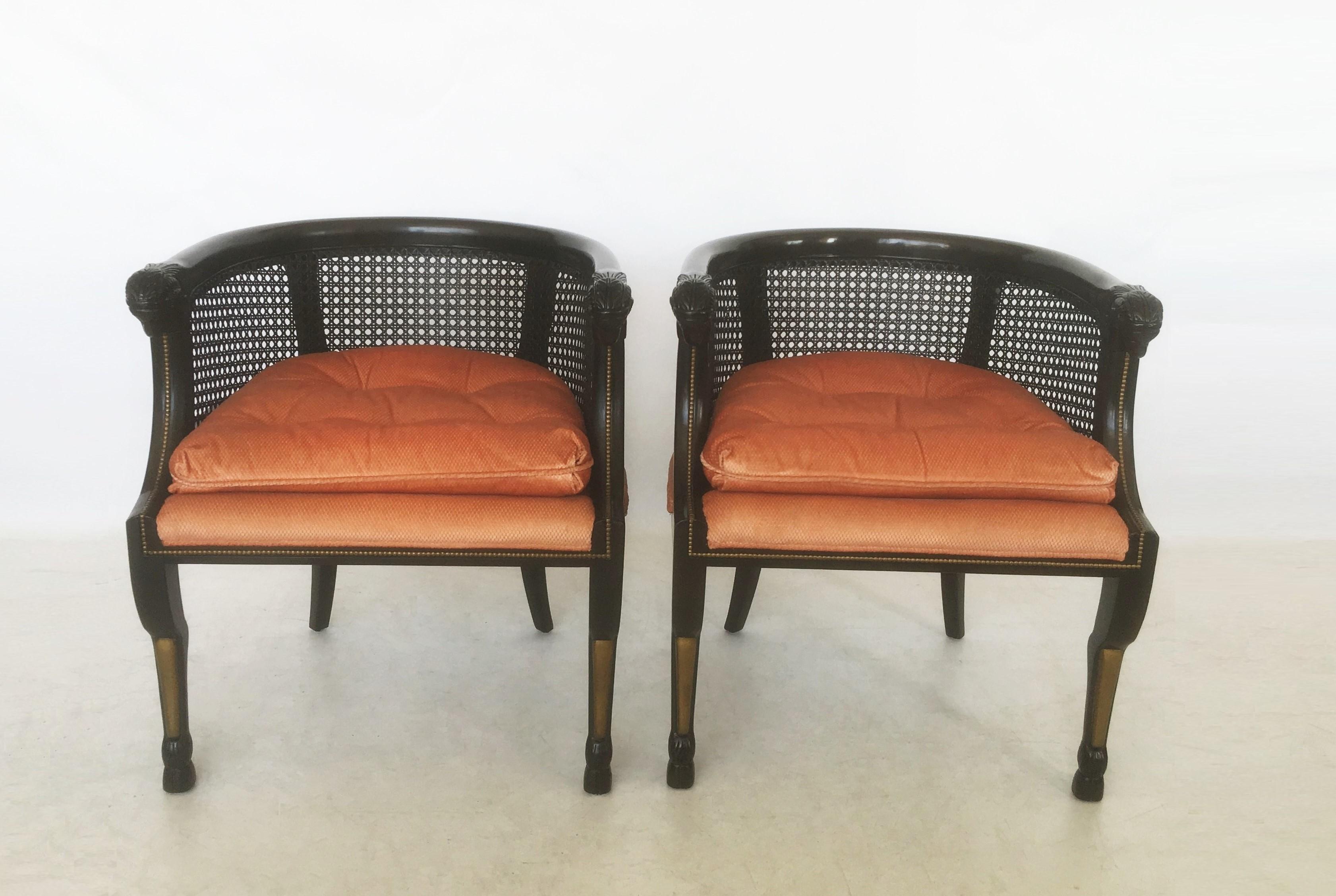 Lacquered Pair of Neoclassical Style Caned Back Ram's Head Armchairs For Sale