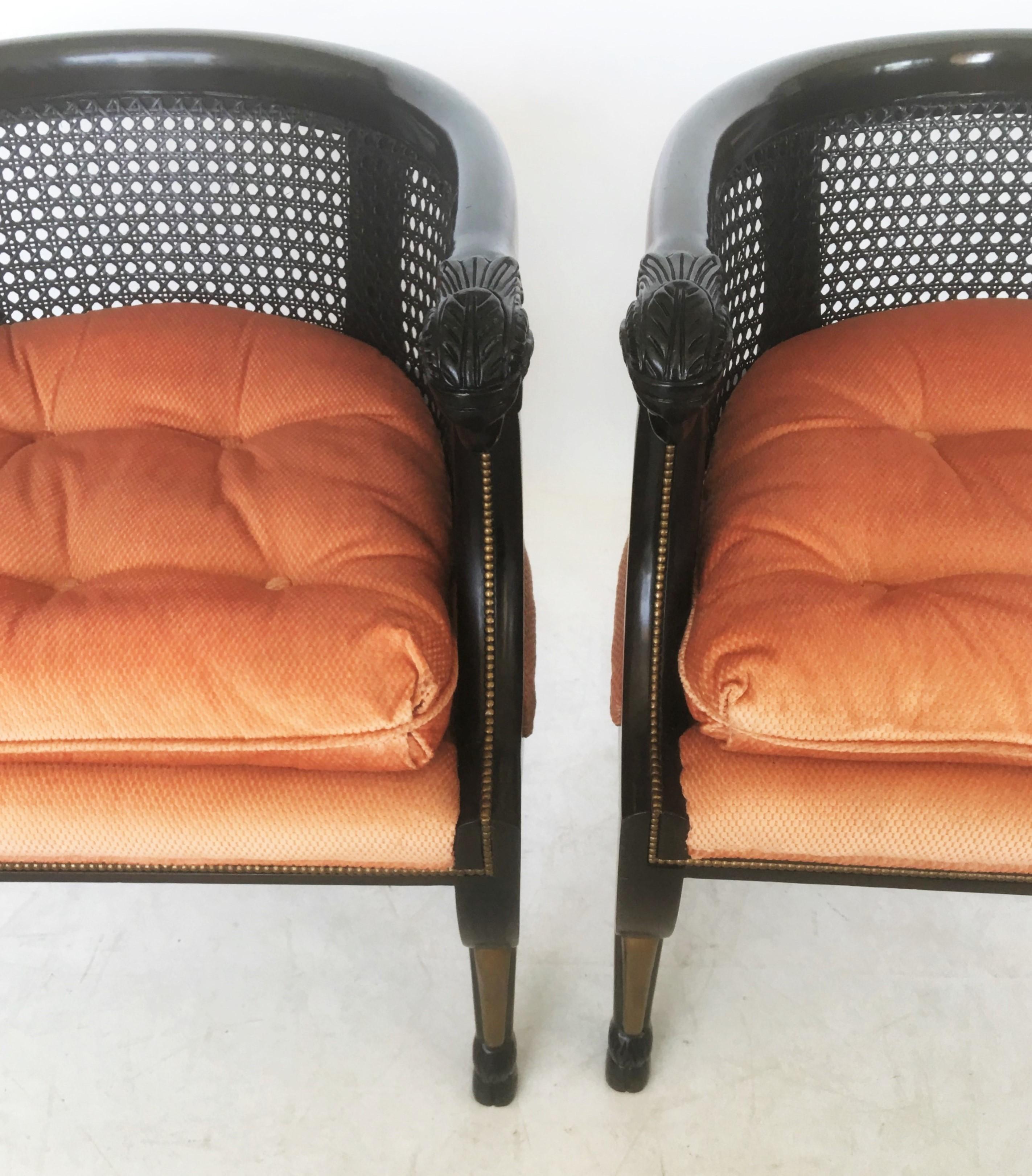 Pair of Neoclassical Style Caned Back Ram's Head Armchairs In Good Condition For Sale In Dallas, TX