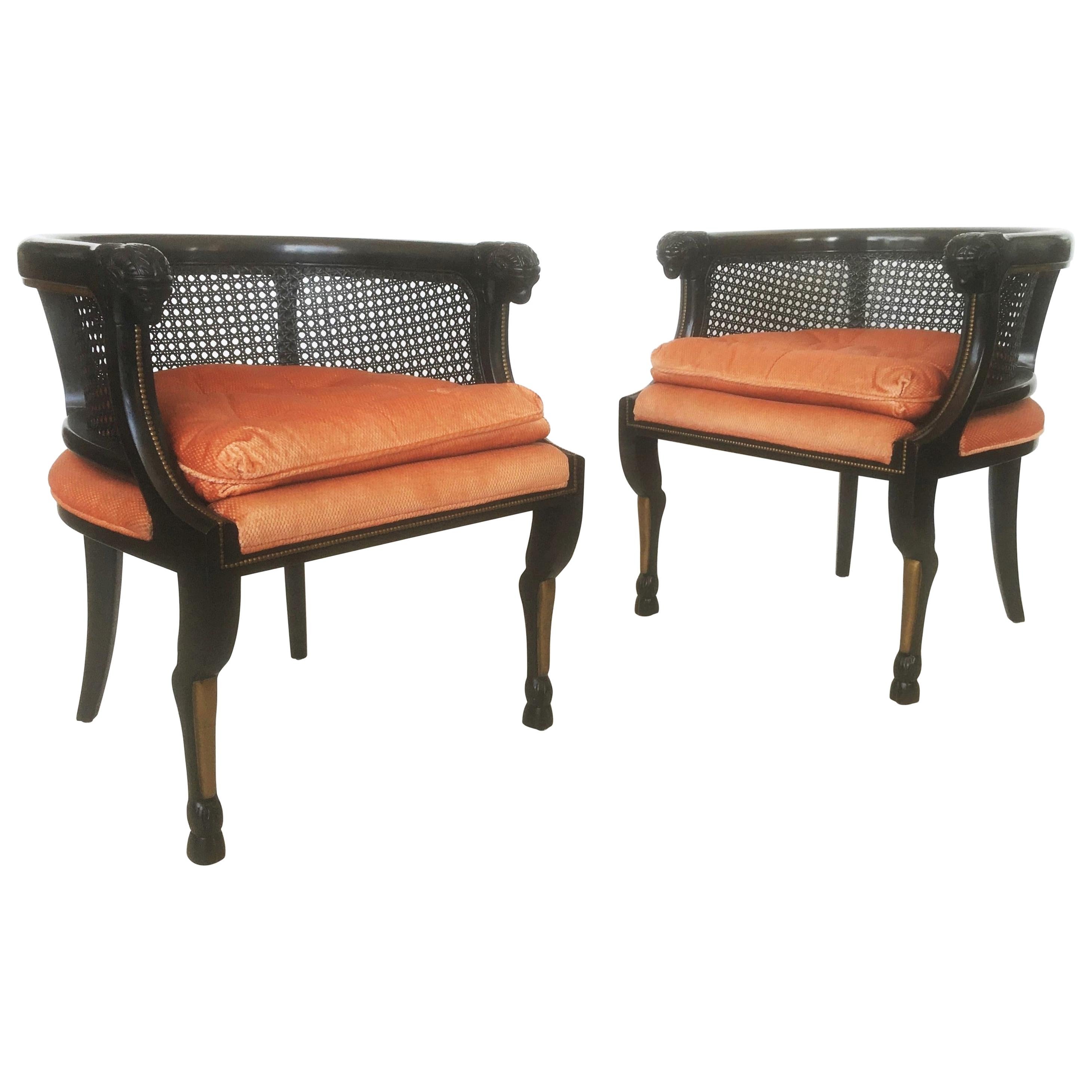 Pair of Neoclassical Style Caned Back Ram's Head Armchairs For Sale