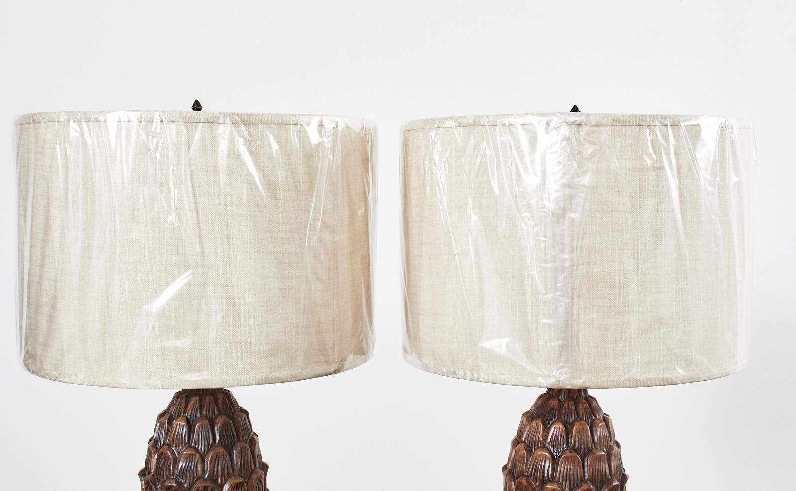 Hand-Crafted Pair of Neoclassical Style Carved Alabaster Artichoke Lamps For Sale