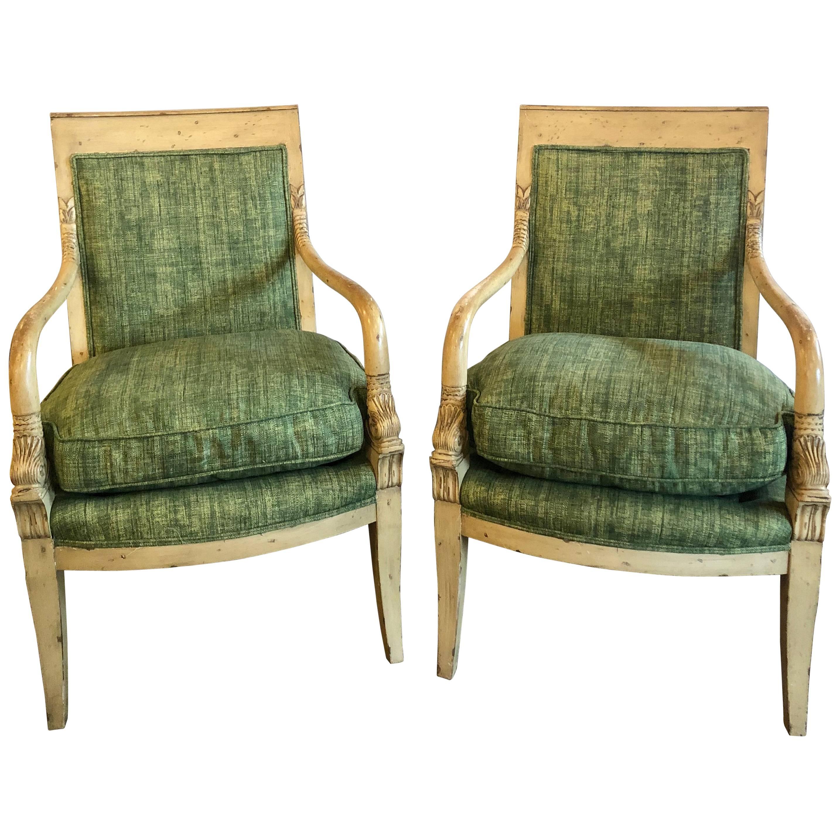 Pair of Neoclassical Style Carved Dolphin Head Distressed Bergeres or Armchairs