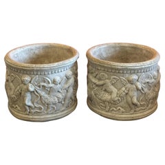 Pair of Neoclassical Style Cast Stone Cherub Garden Jardinieres / Planters
