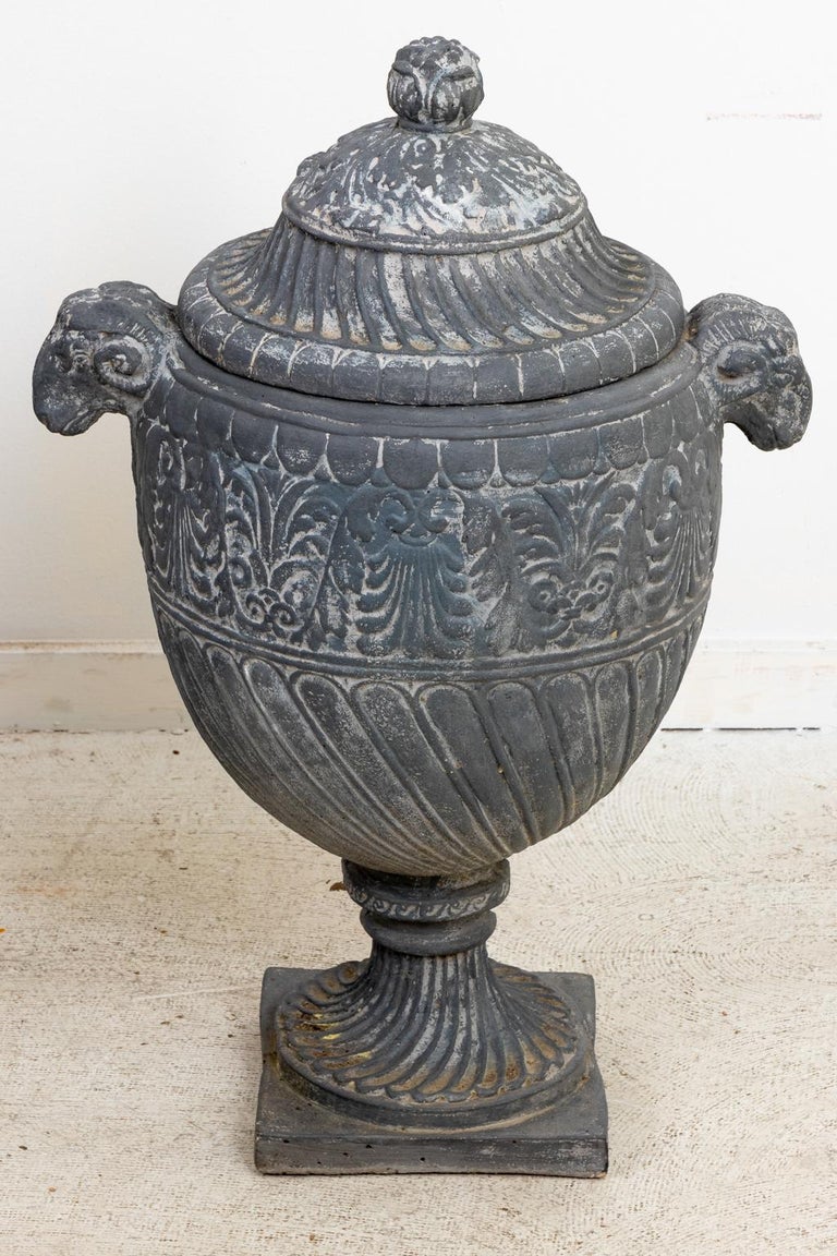 Pair of Neoclassical Style Cast Stone Urns with Lids at 1stDibs