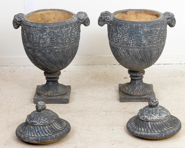 Pair of Neoclassical Style Cast Stone Urns with Lids at 1stDibs