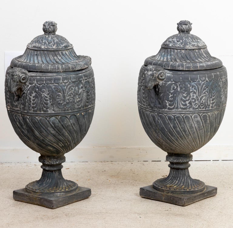 Pair of Neoclassical Style Cast Stone Urns with Lids at 1stDibs