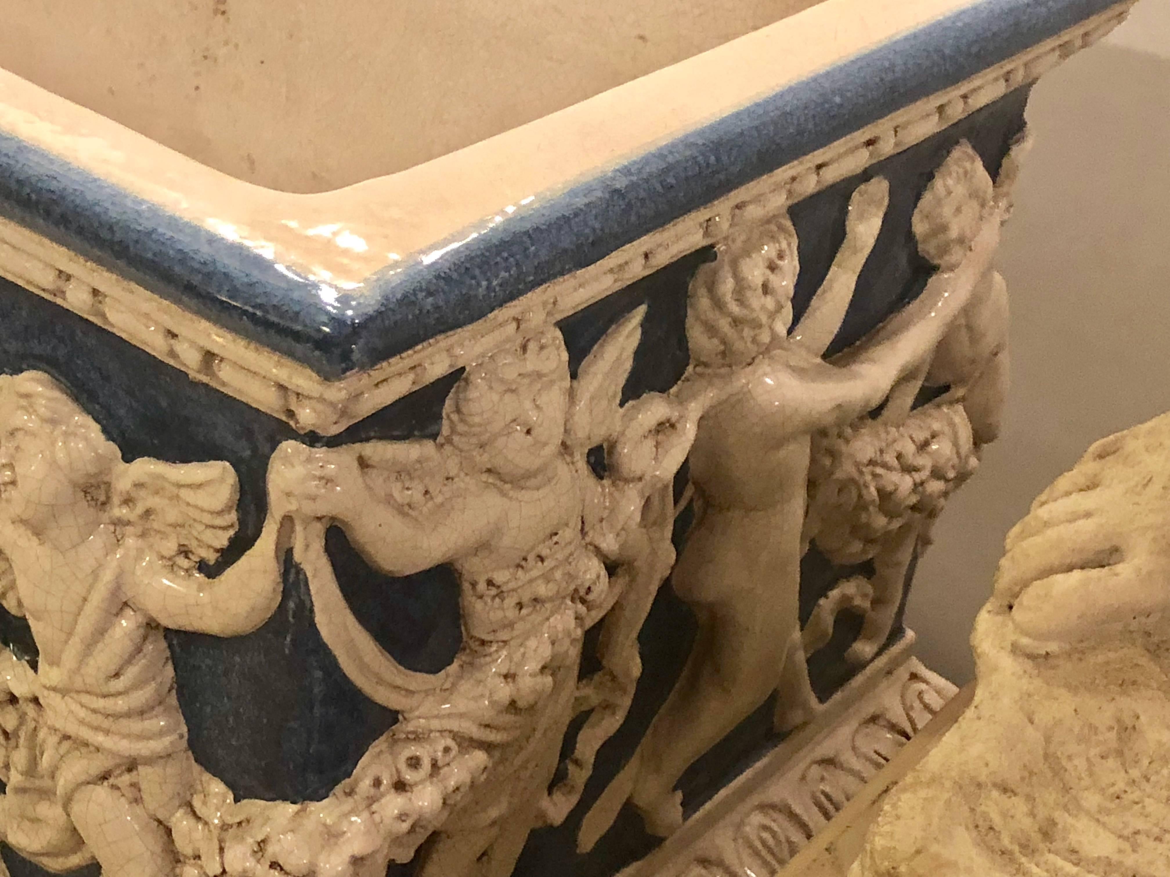 Pair of Neoclassical Style Ceramic Planter Tops Depicting Cherubs Dancing 9