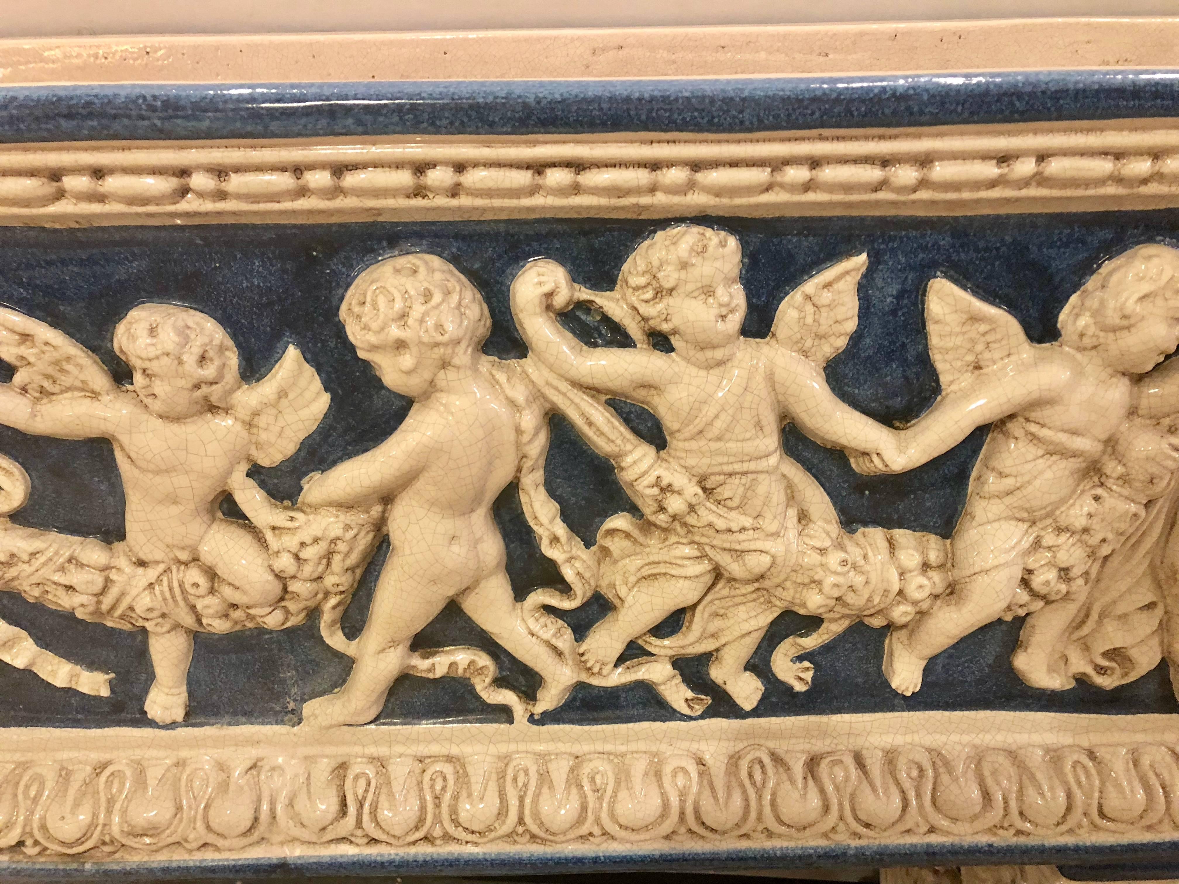 Pair of Neoclassical Style Ceramic Planter Tops Depicting Cherubs Dancing 2