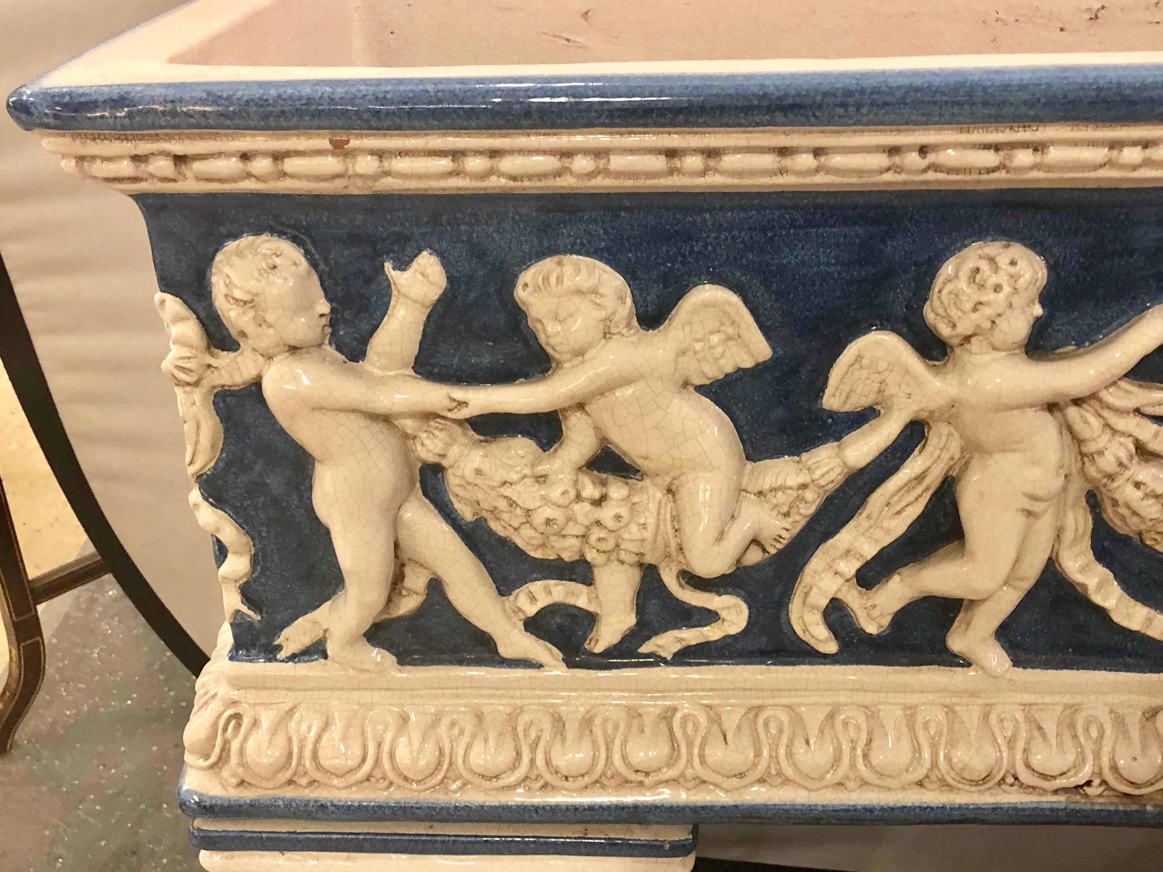 Pair of Neoclassical Style Ceramic Planter Tops Depicting Cherubs Dancing 4