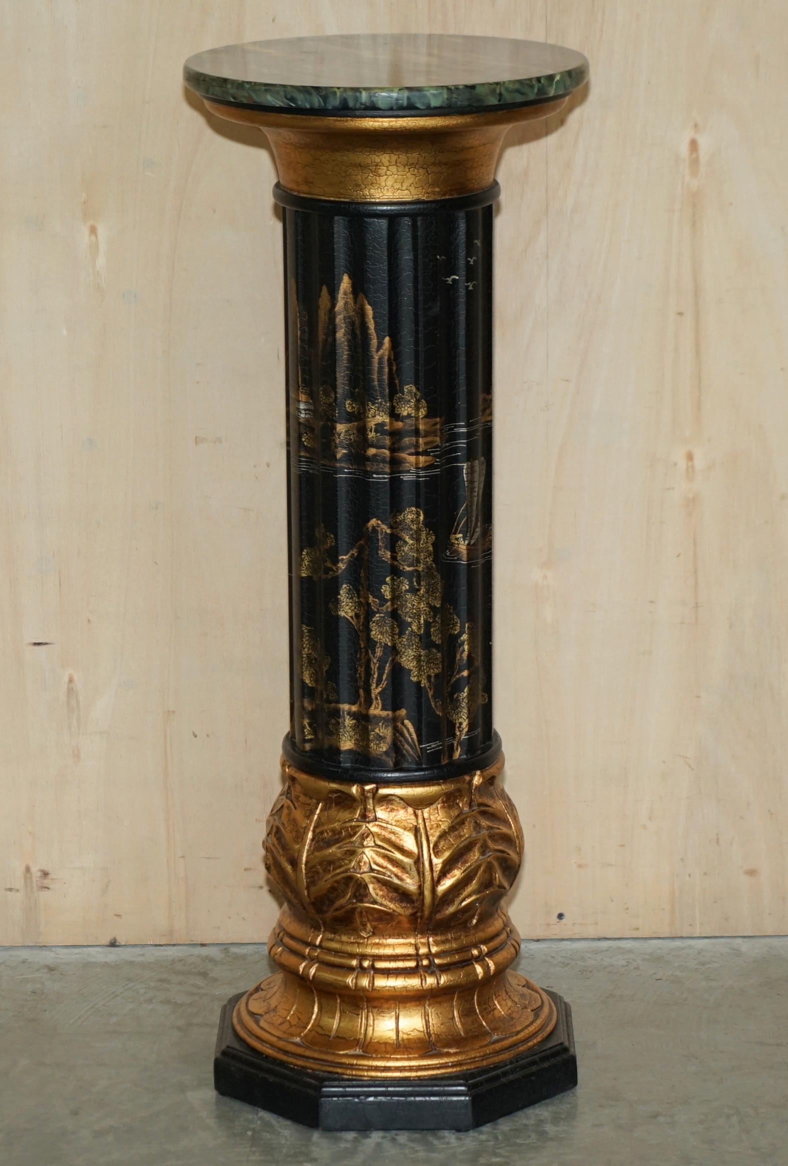 Pair of Neoclassical Style Chinese Chinoiserie Lacquered Torcheres Columns For Sale 2