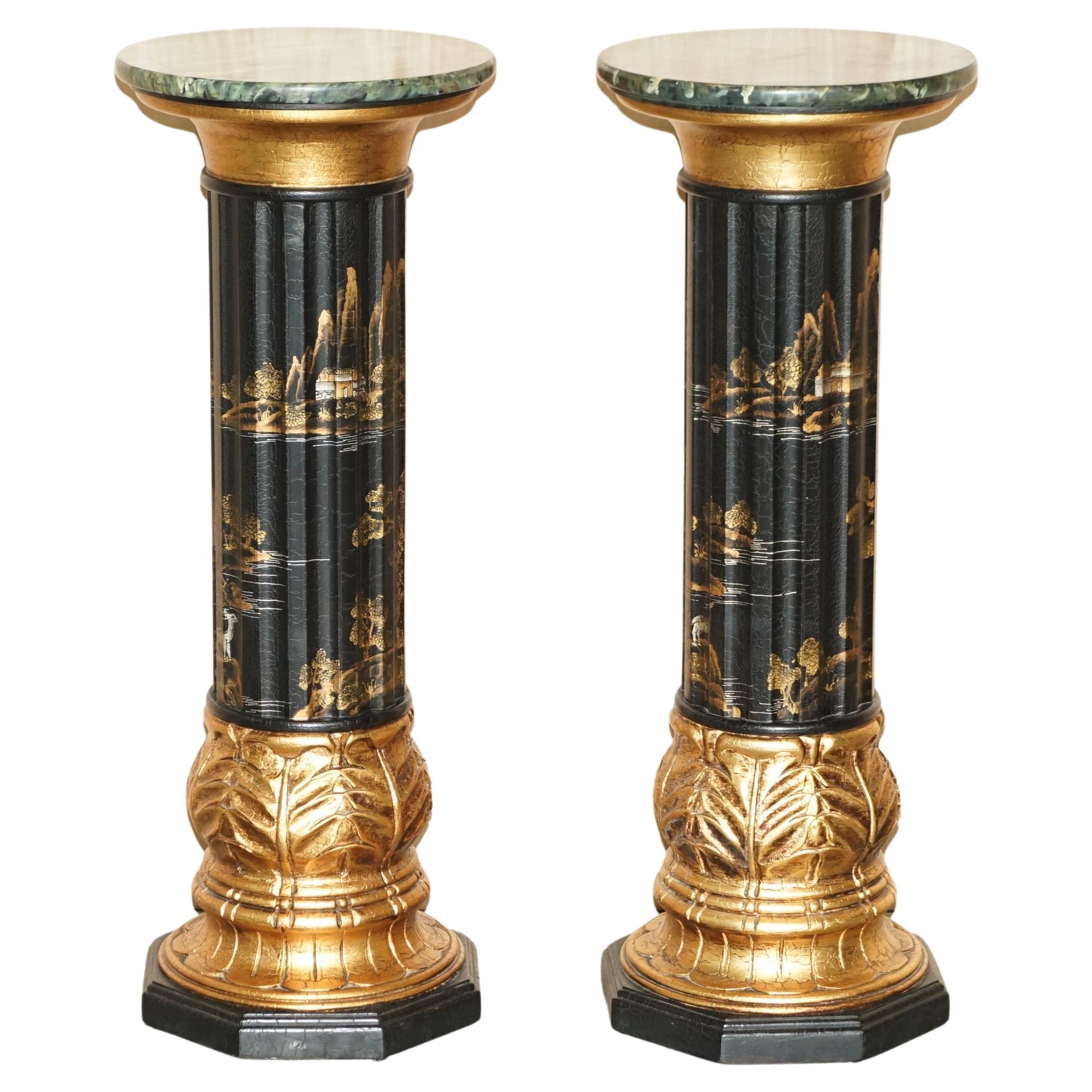 Pair of Neoclassical Style Chinese Chinoiserie Lacquered Torcheres Columns For Sale