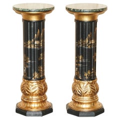 Antique Pair of Neoclassical Style Chinese Chinoiserie Lacquered Torcheres Columns