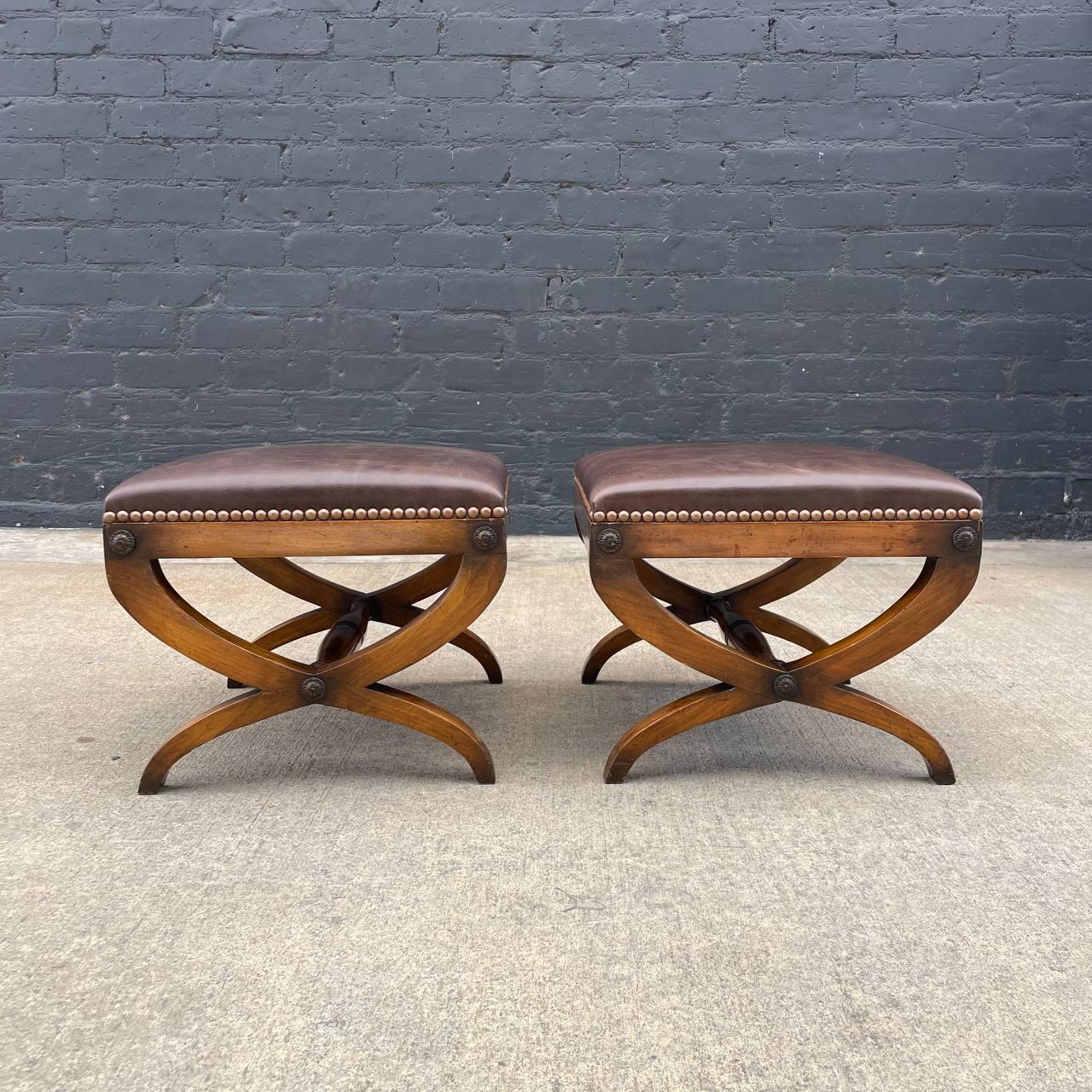 Italian Pair of Neoclassical Style Curule Leather Benches For Sale