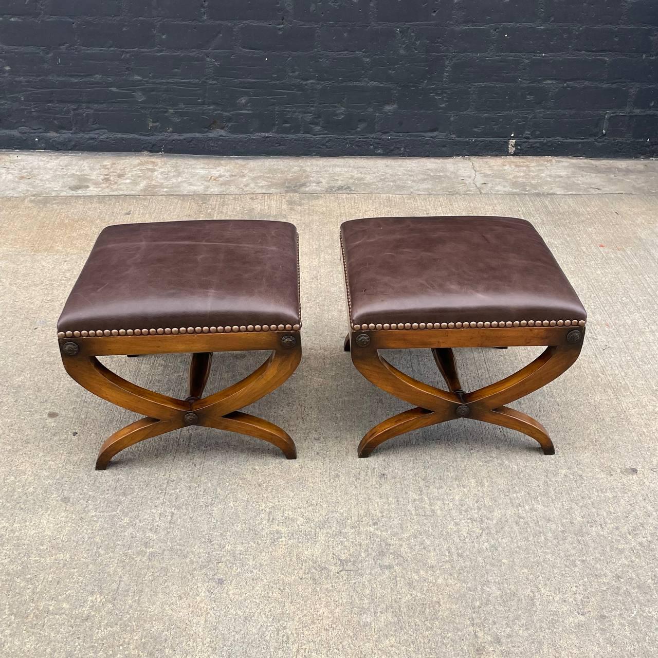 Mid-20th Century Pair of Neoclassical Style Curule Leather Benches For Sale