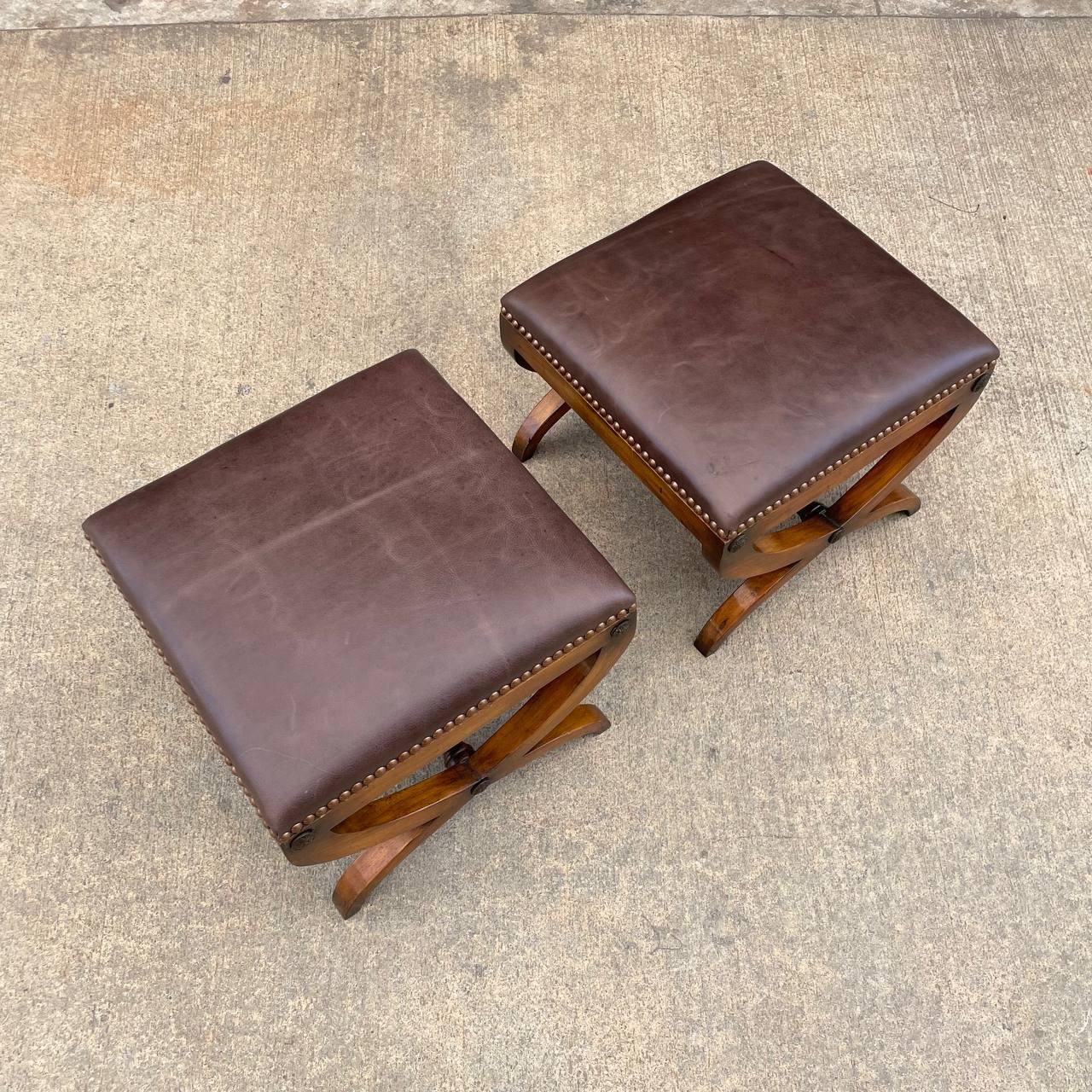 Pair of Neoclassical Style Curule Leather Benches For Sale 1