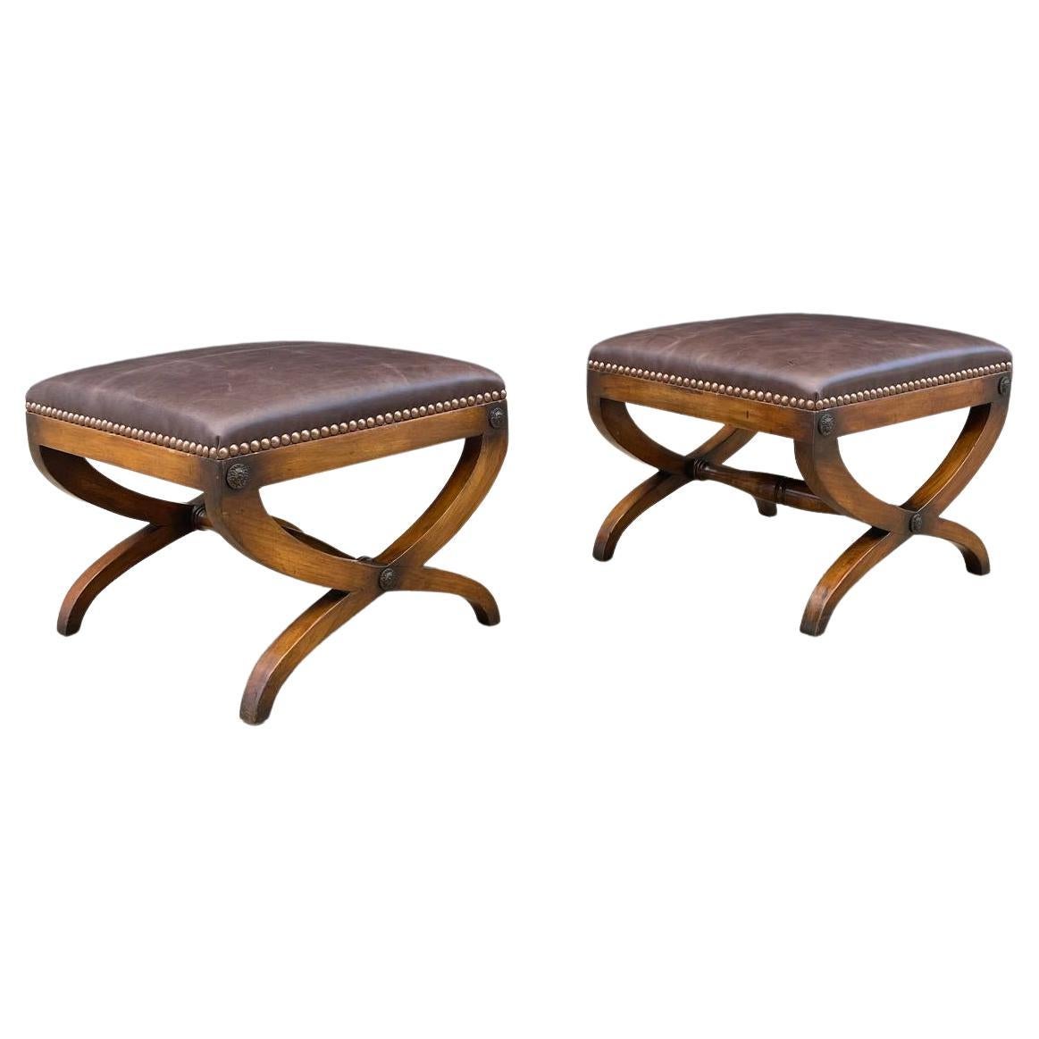 Pair of Neoclassical Style Curule Leather Benches