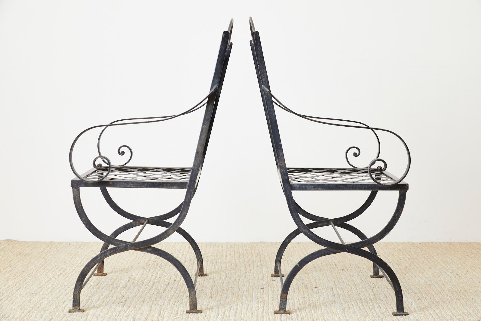 Pair of Neoclassical Style Curule Leg Iron Garden Chairs In Good Condition In Rio Vista, CA