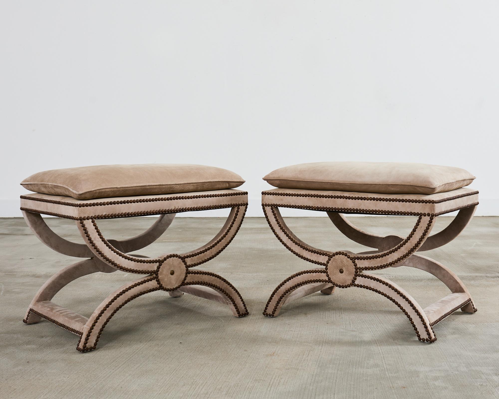 Patinated Pair of Neoclassical Style Curule Suede Stool Benches