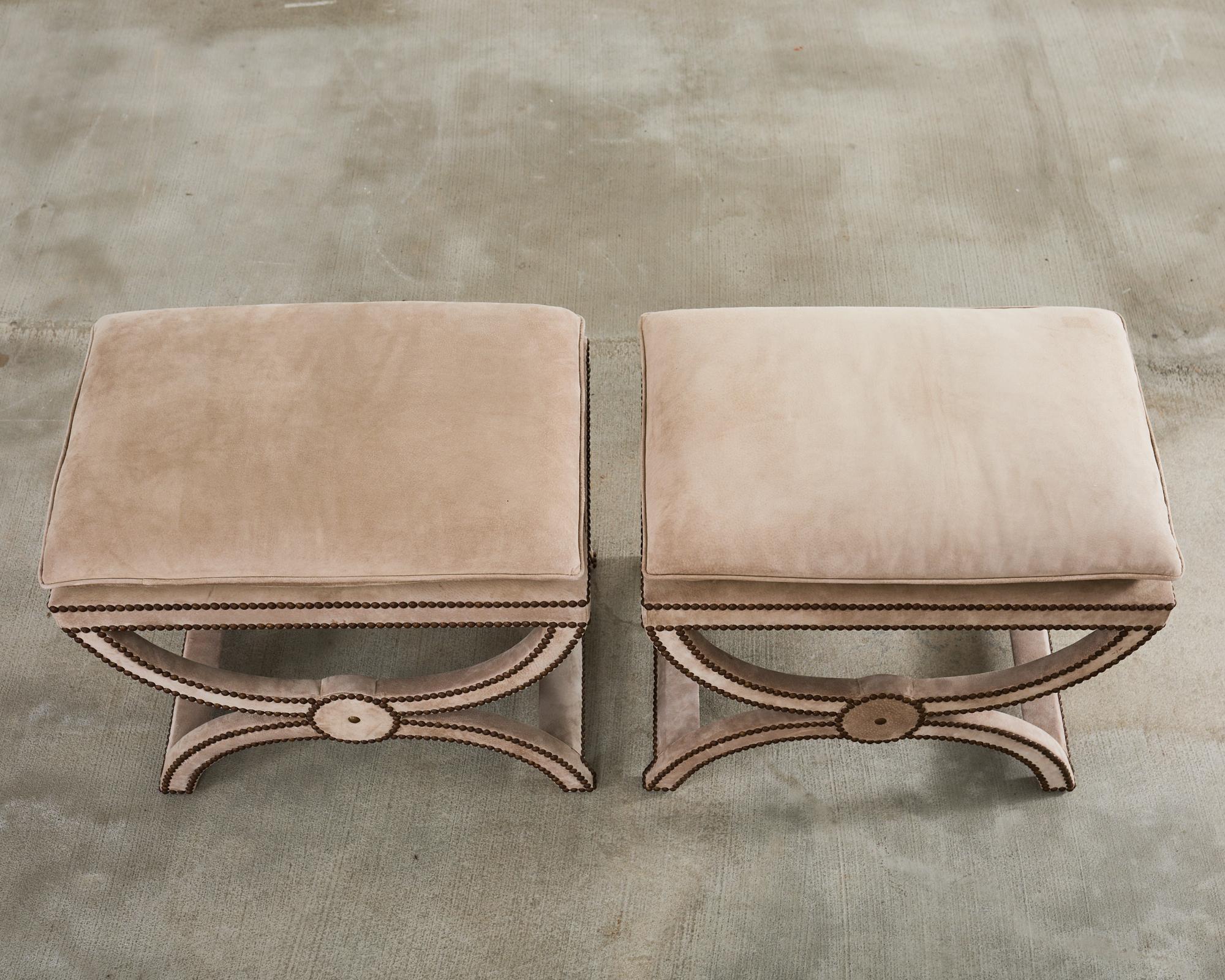 Pair of Neoclassical Style Curule Suede Stool Benches In Good Condition In Rio Vista, CA