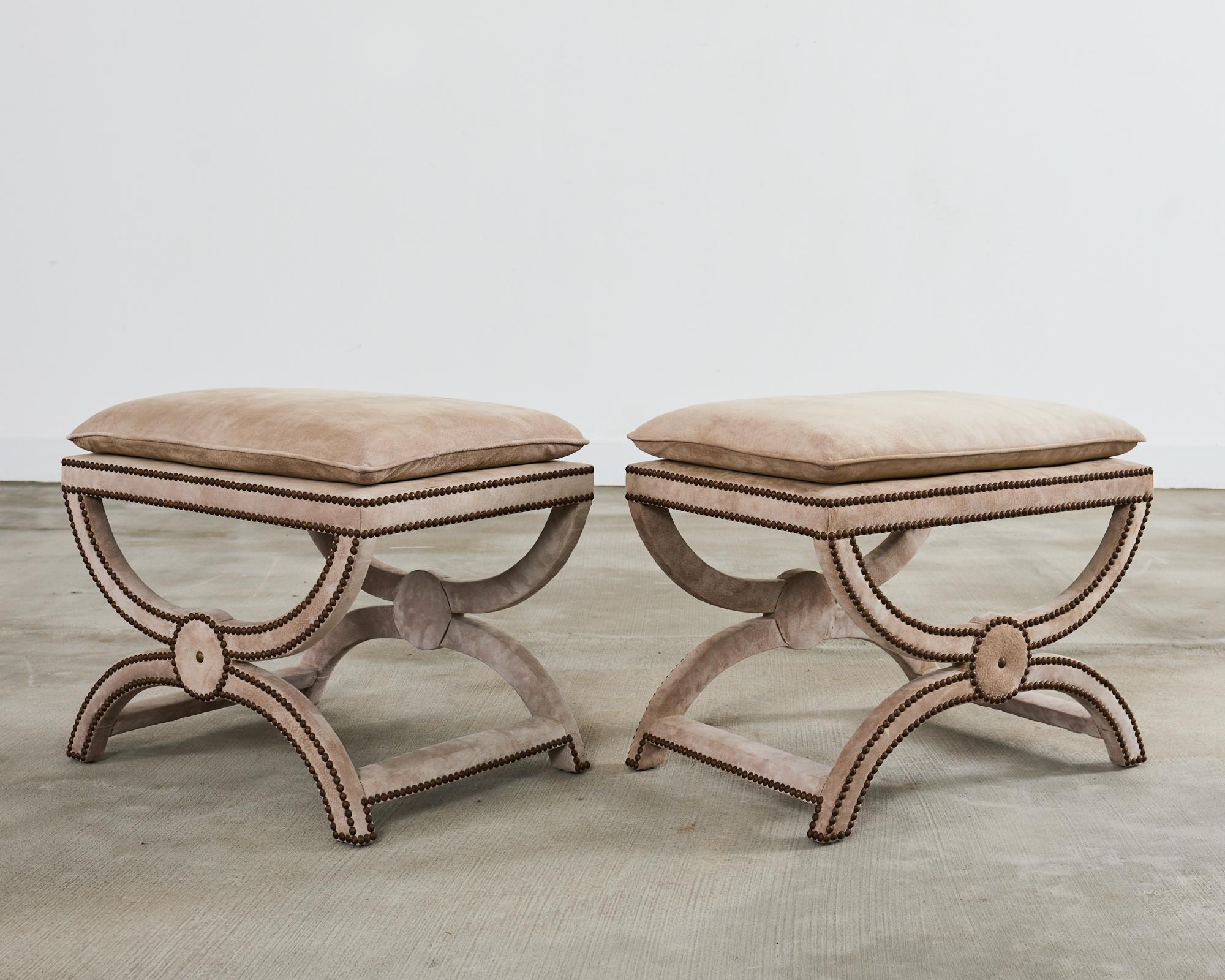 20th Century Pair of Neoclassical Style Curule Suede Stool Benches