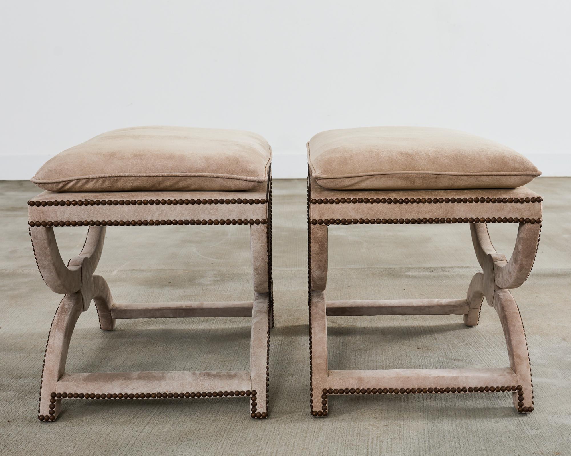 Brass Pair of Neoclassical Style Curule Suede Stool Benches