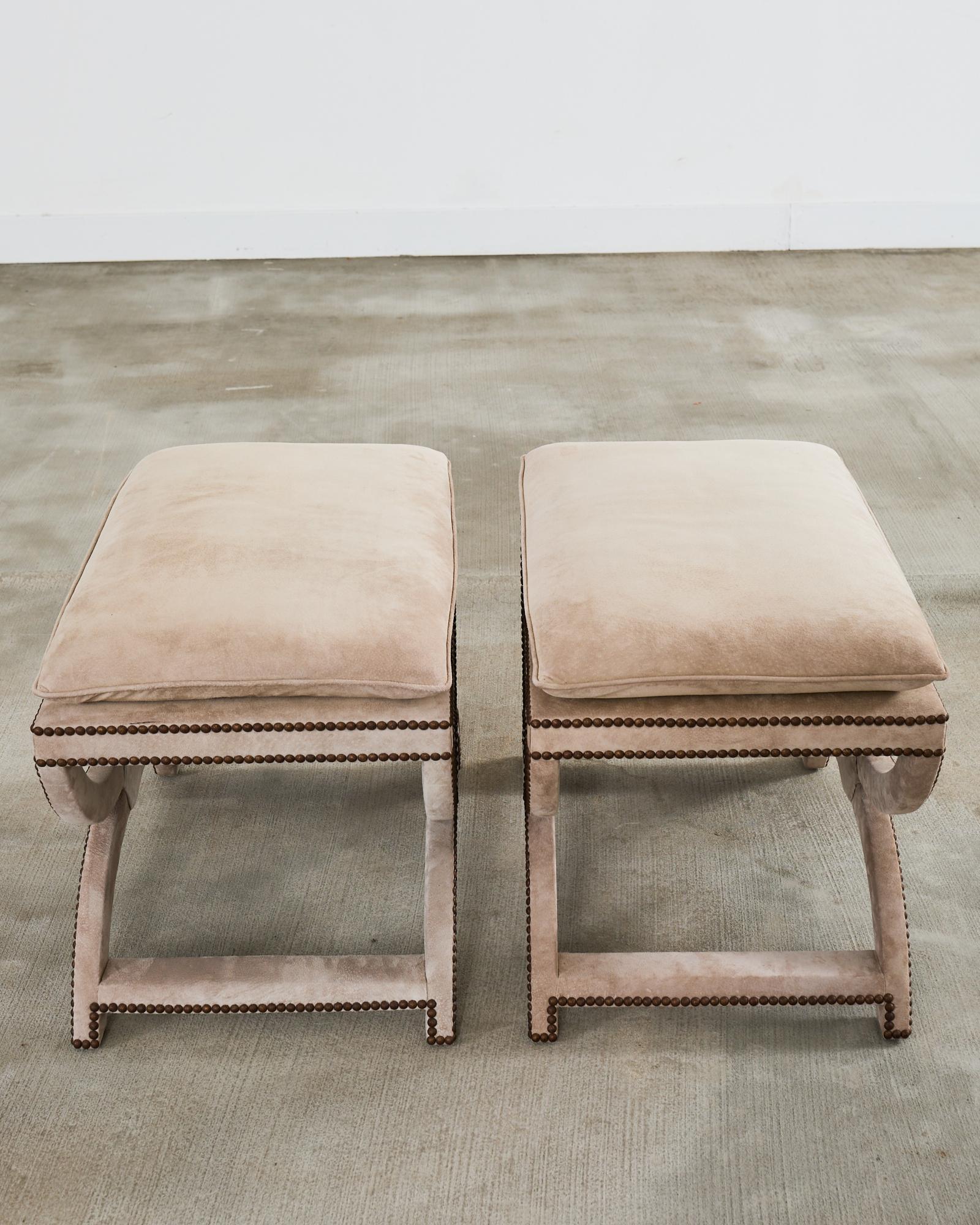 Pair of Neoclassical Style Curule Suede Stool Benches 1