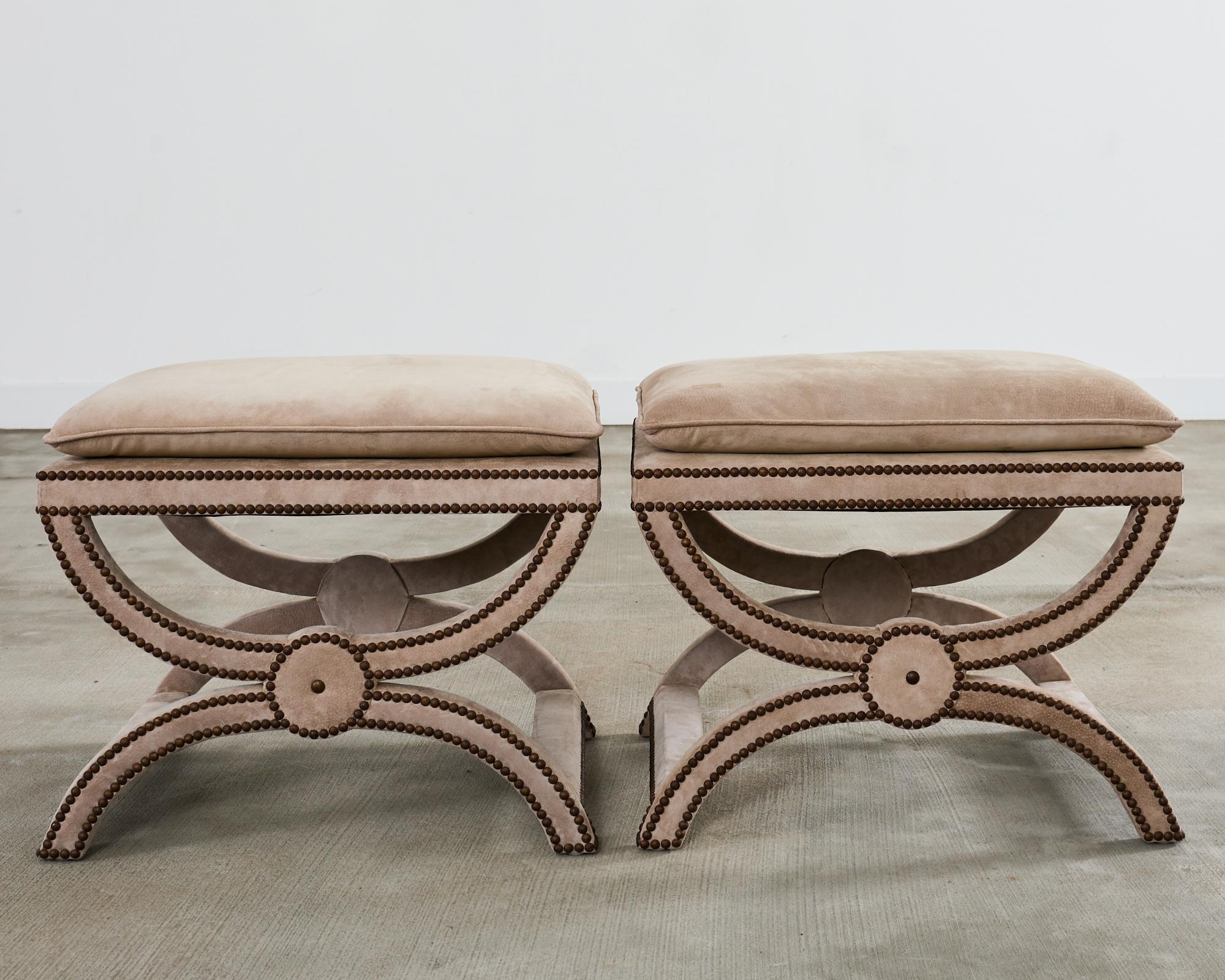 Pair of Neoclassical Style Curule Suede Stool Benches 2