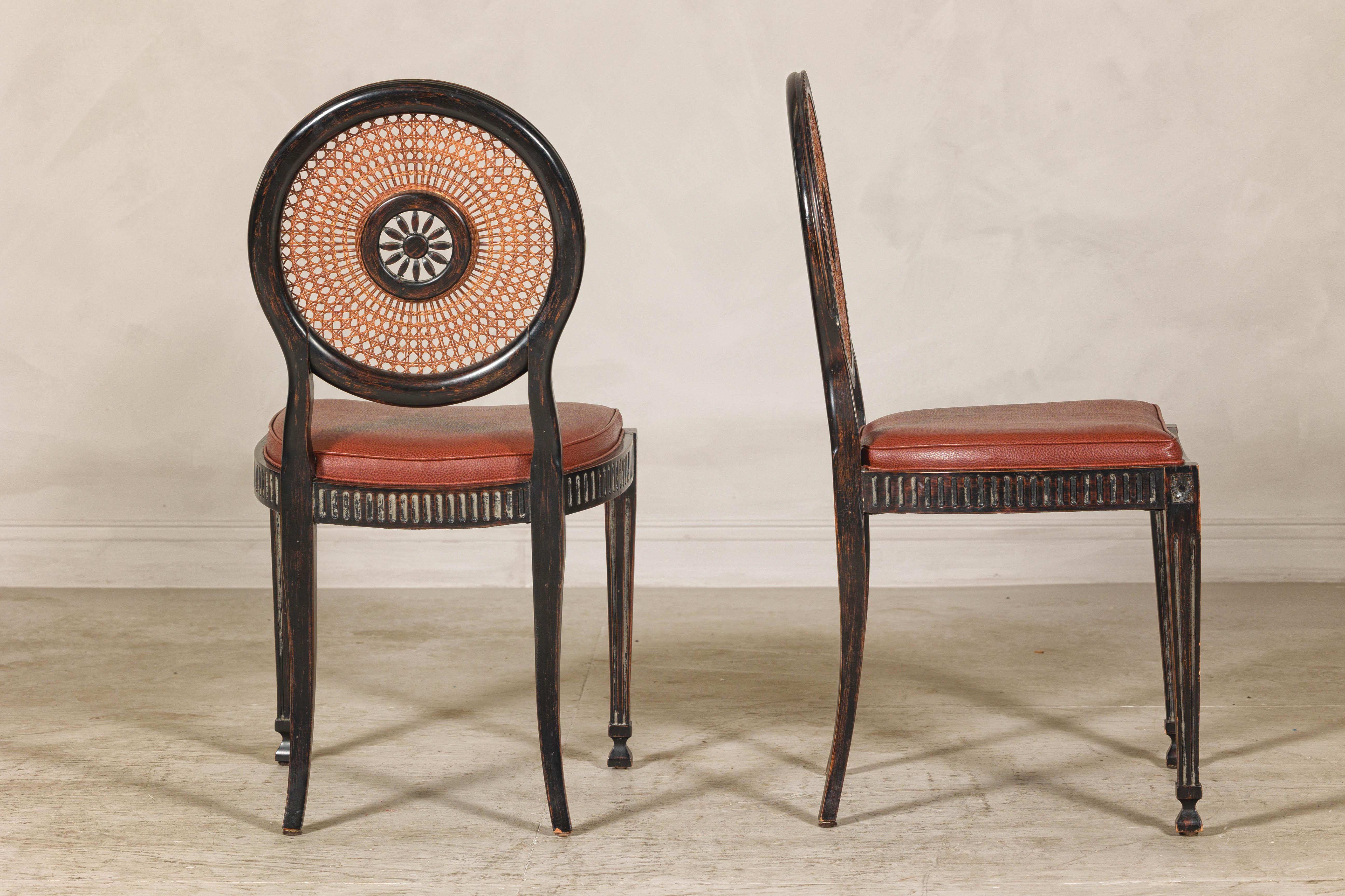 Pair of Neoclassical Style Dining Chairs with Leather Seats and Rattan Backs 4