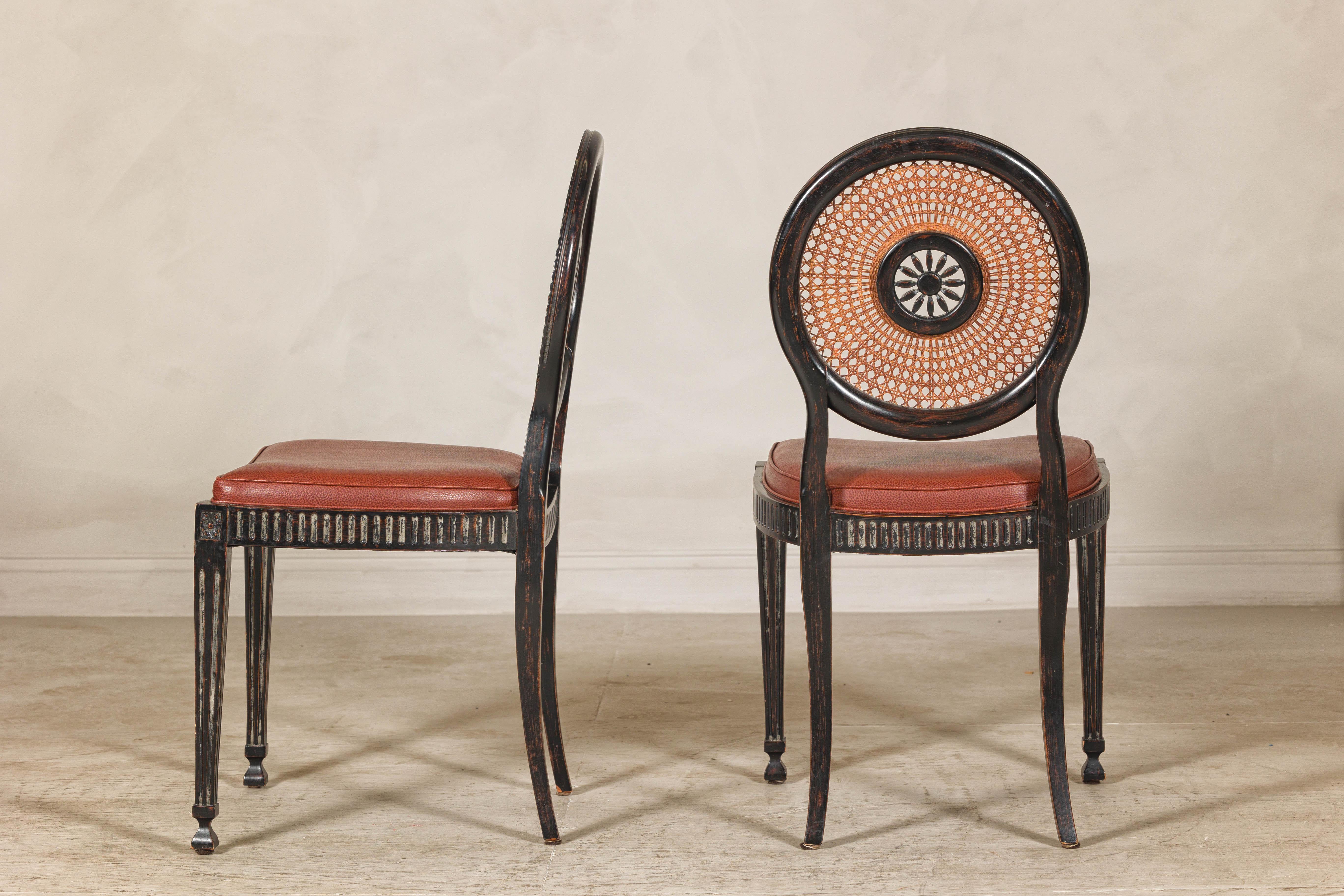 Pair of Neoclassical Style Dining Chairs with Leather Seats and Rattan Backs 5