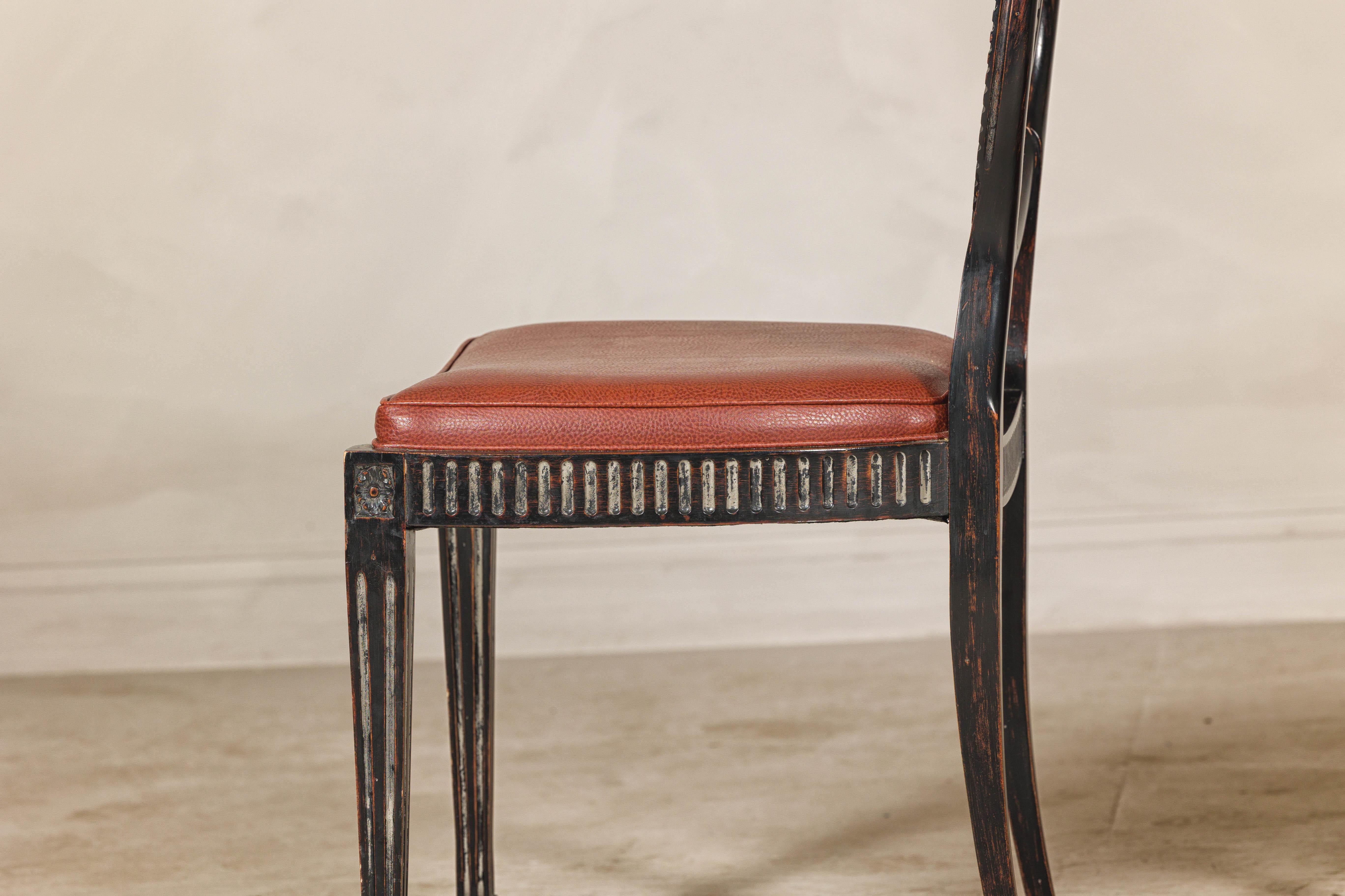 Pair of Neoclassical Style Dining Chairs with Leather Seats and Rattan Backs 6
