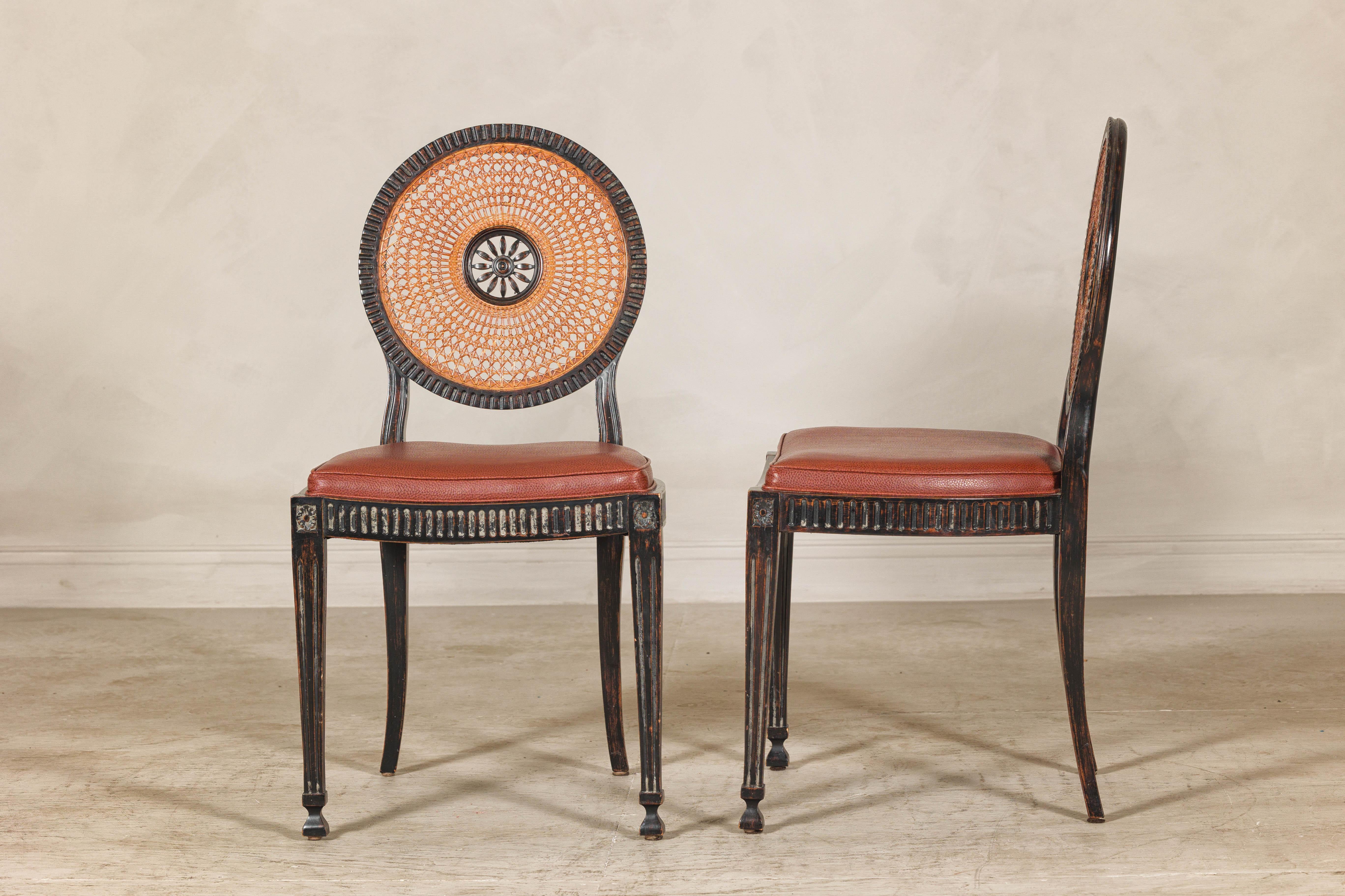 Pair of Neoclassical Style Dining Chairs with Leather Seats and Rattan Backs 7