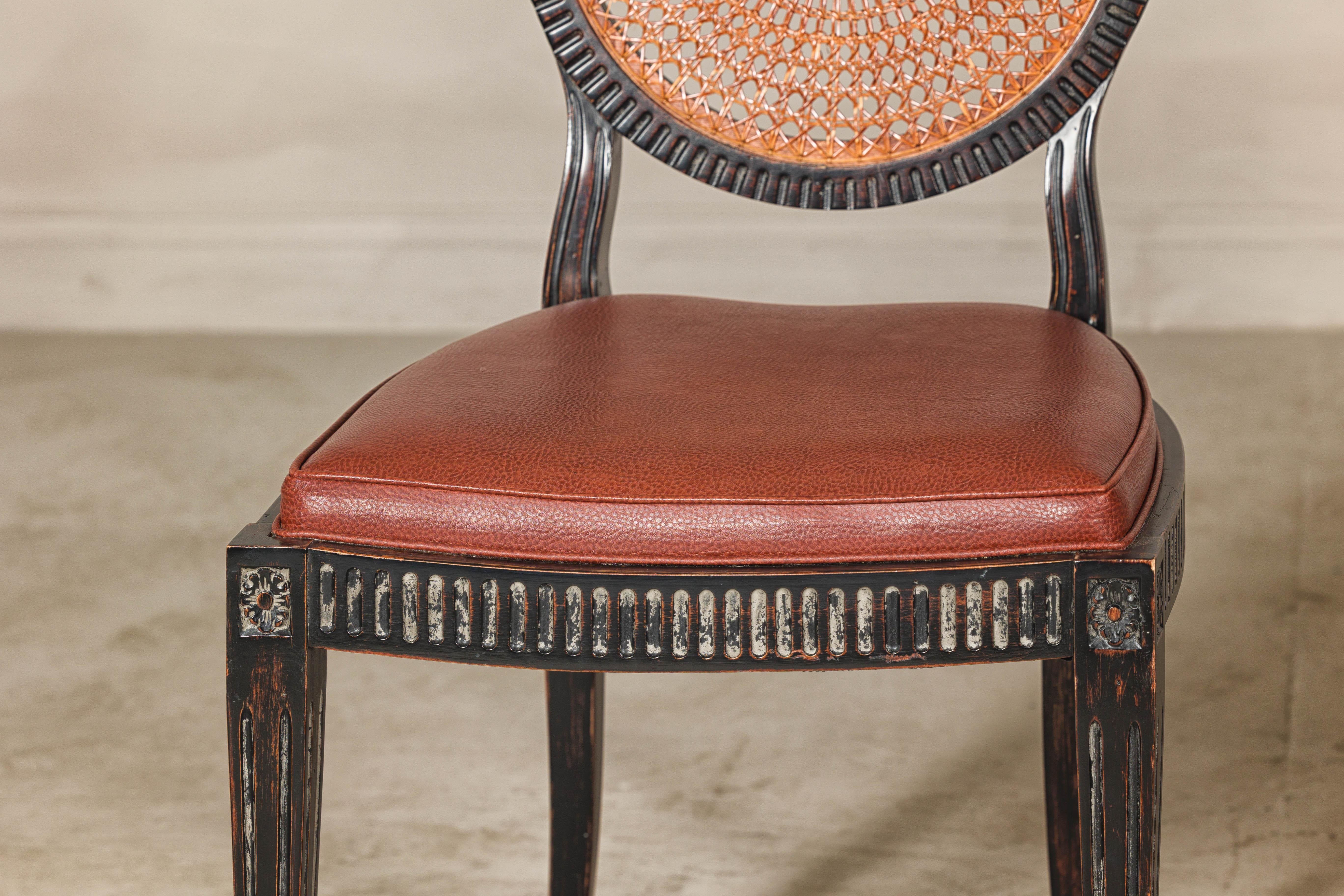 Pair of Neoclassical Style Dining Chairs with Leather Seats and Rattan Backs 8
