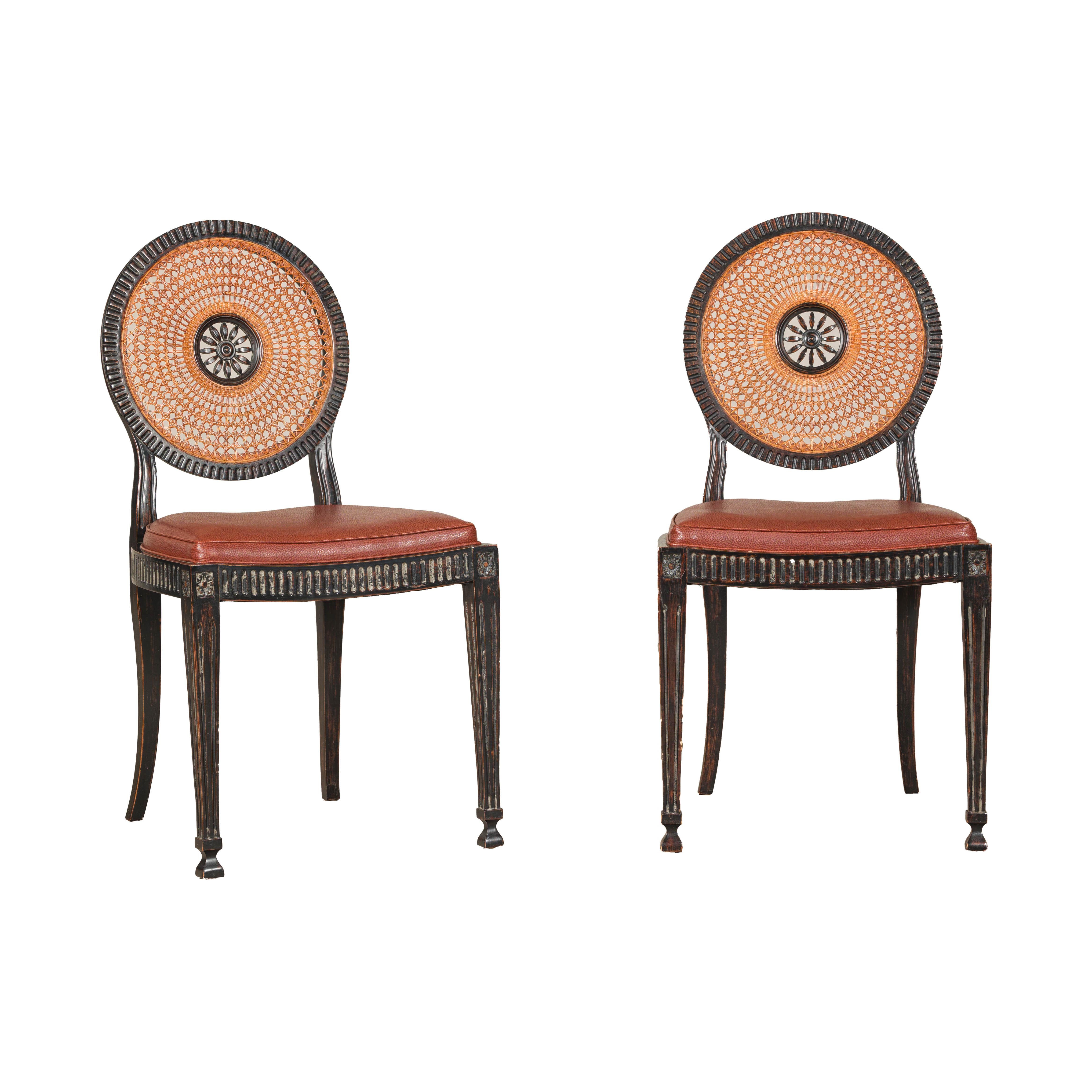 Pair of Neoclassical Style Dining Chairs with Leather Seats and Rattan Backs 9