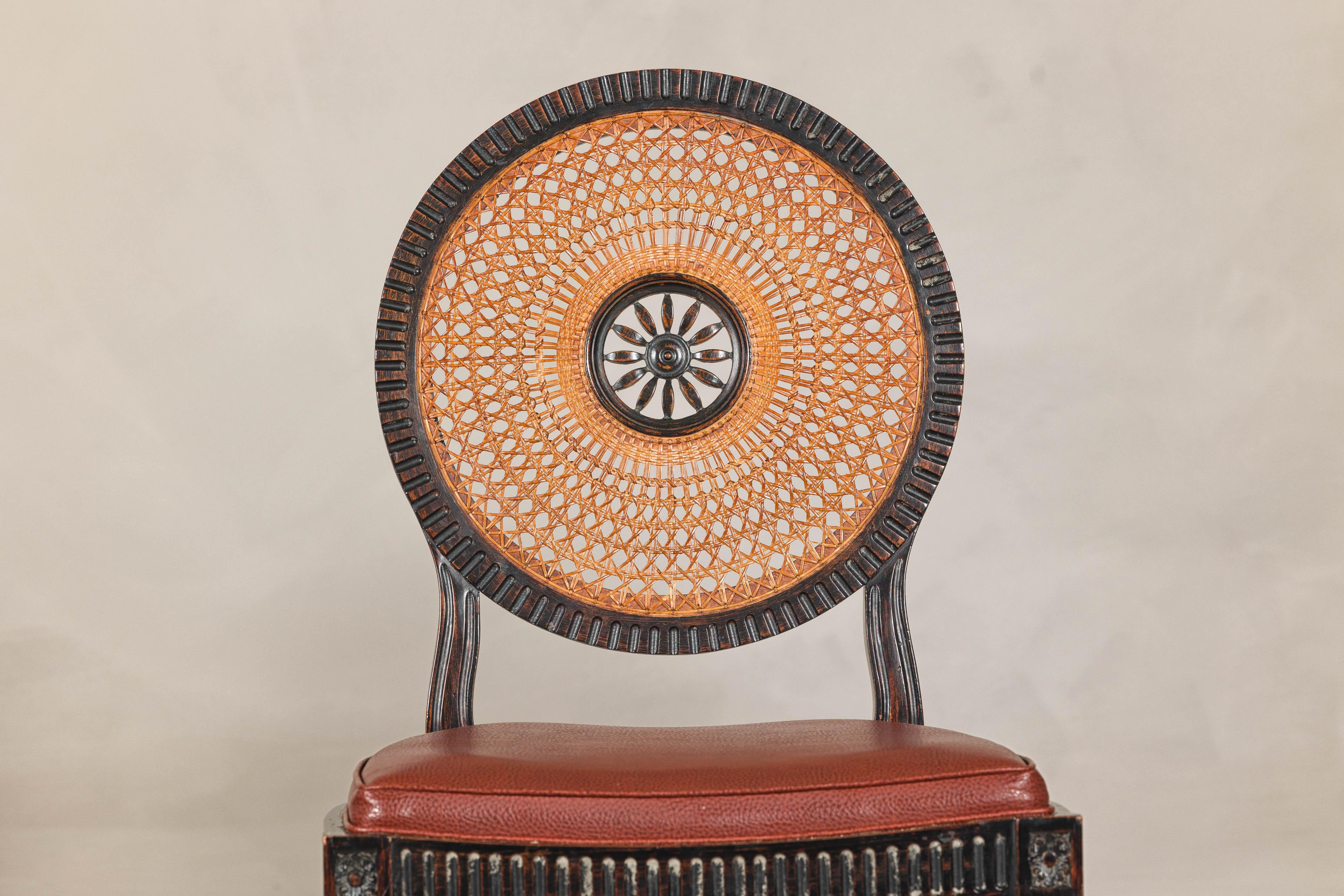 Indian Pair of Neoclassical Style Dining Chairs with Leather Seats and Rattan Backs