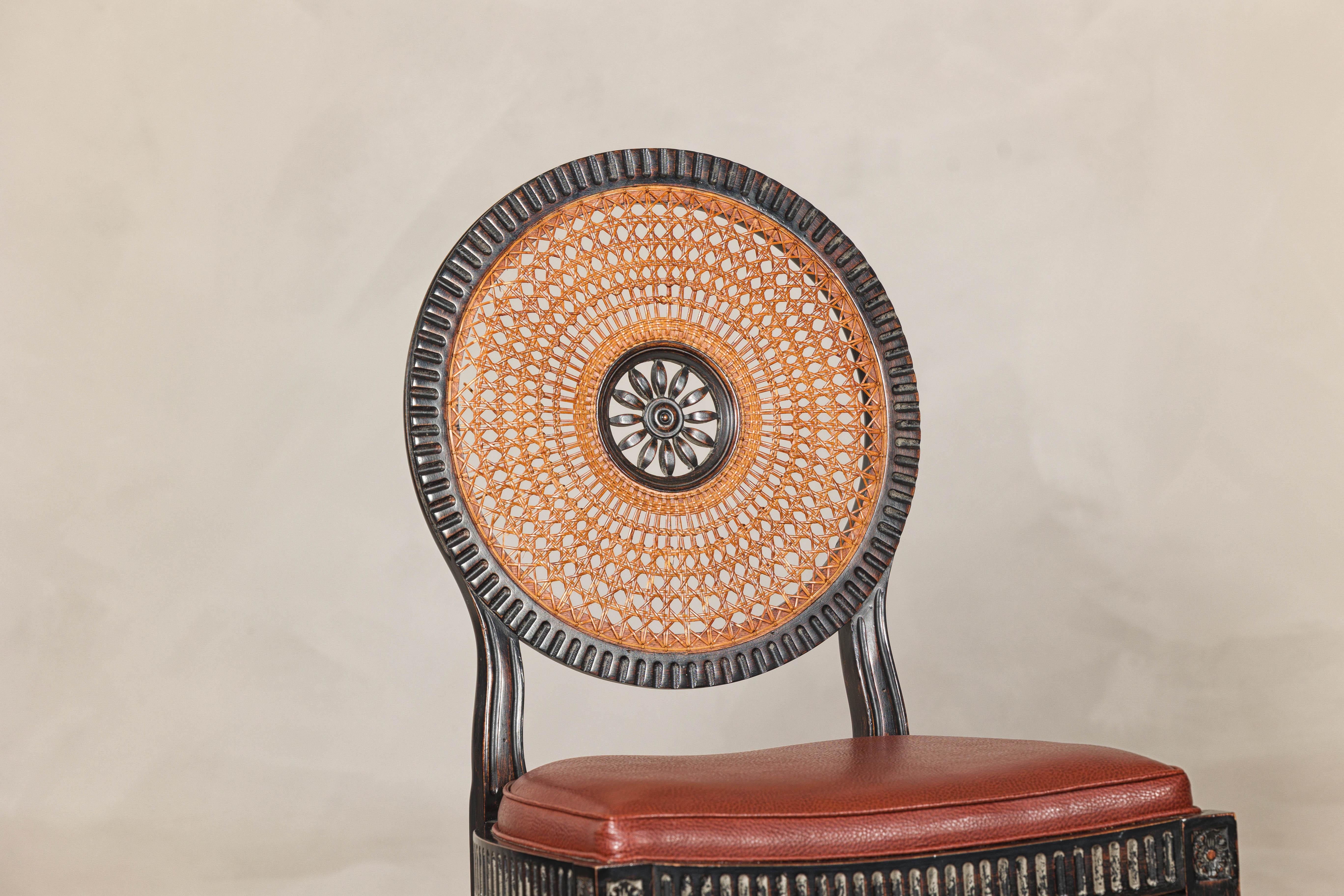 Pair of Neoclassical Style Dining Chairs with Leather Seats and Rattan Backs In Good Condition In Yonkers, NY
