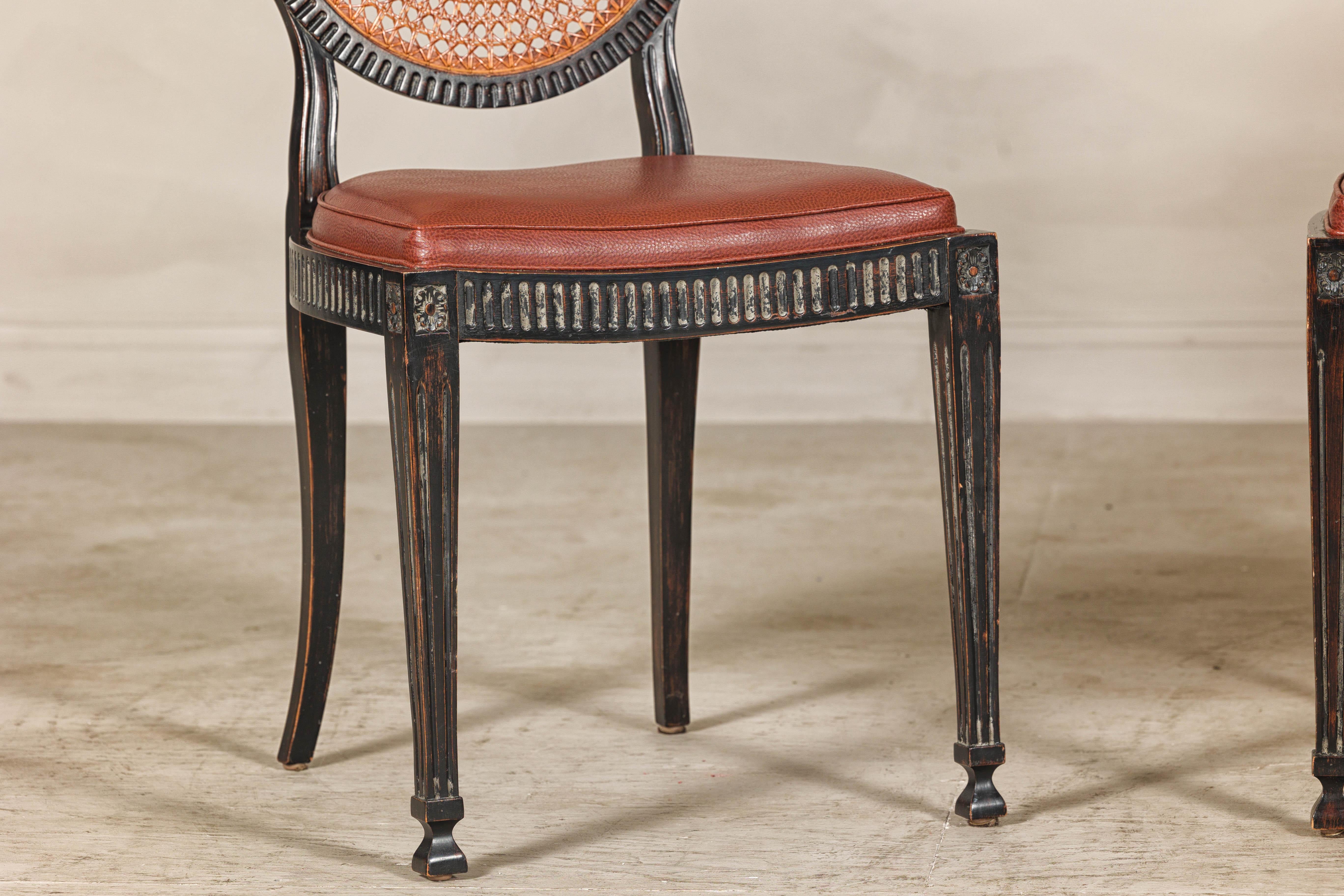 Pair of Neoclassical Style Dining Chairs with Leather Seats and Rattan Backs 1