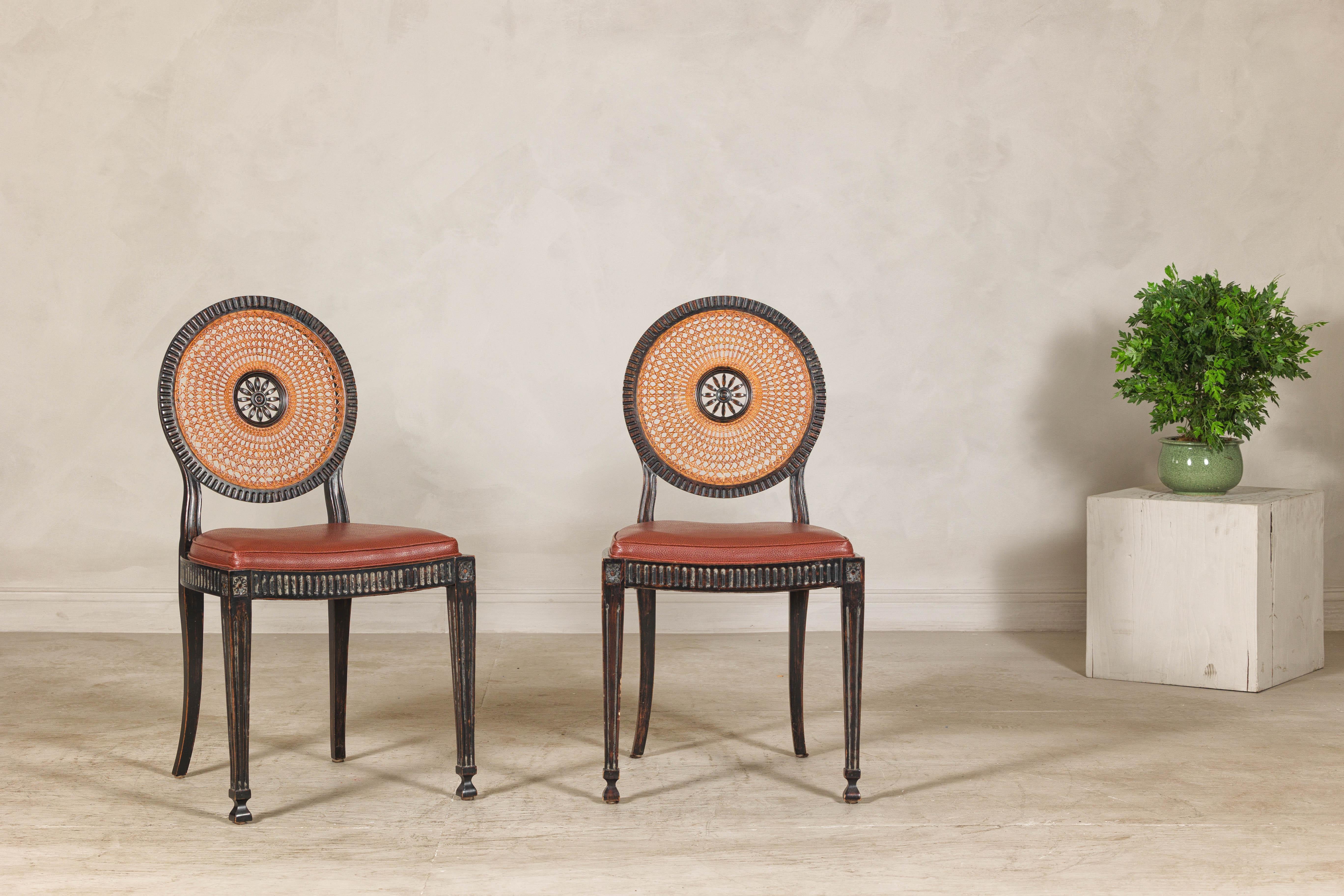 Pair of Neoclassical Style Dining Chairs with Leather Seats and Rattan Backs 2