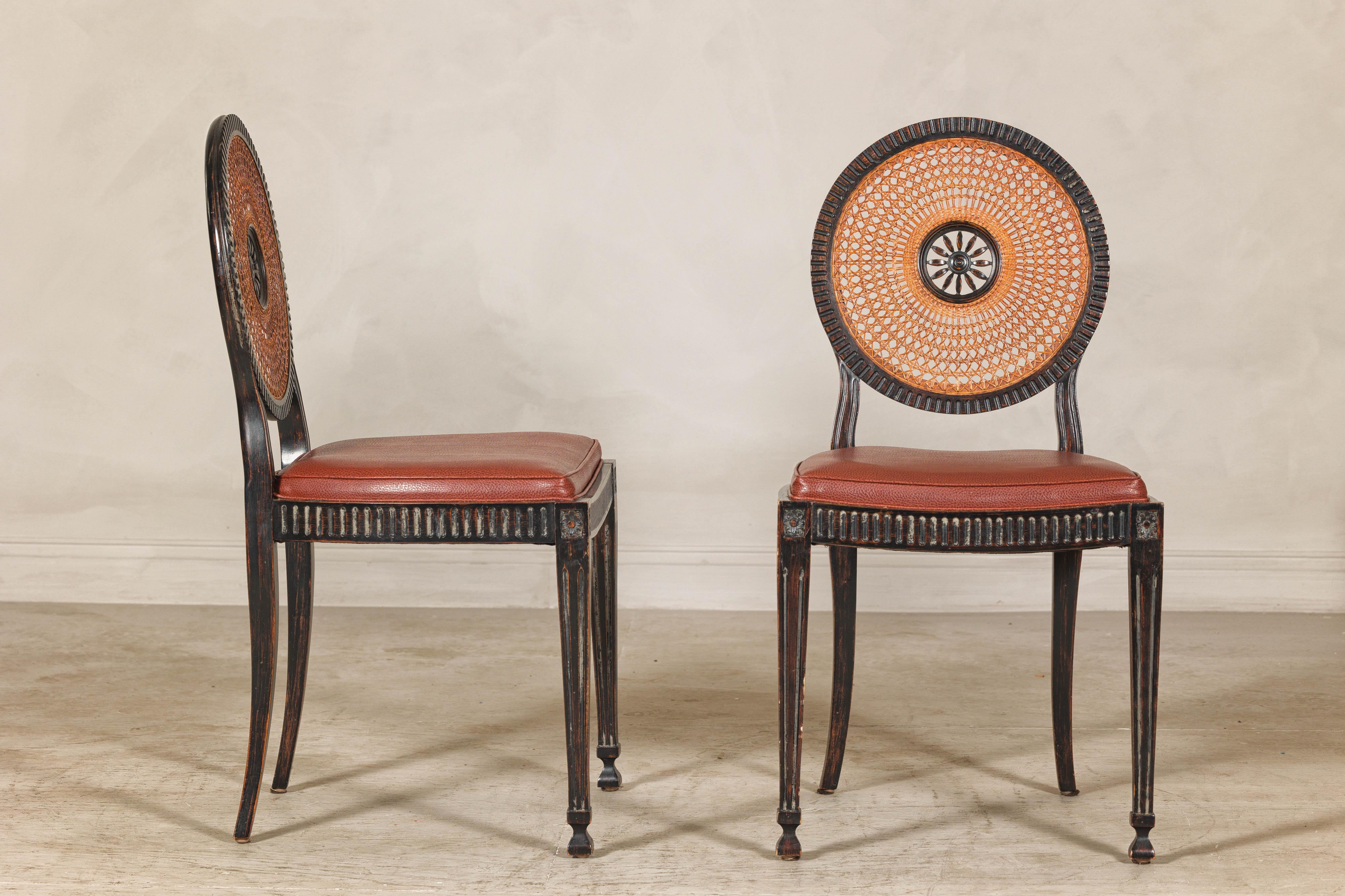 Pair of Neoclassical Style Dining Chairs with Leather Seats and Rattan Backs 3