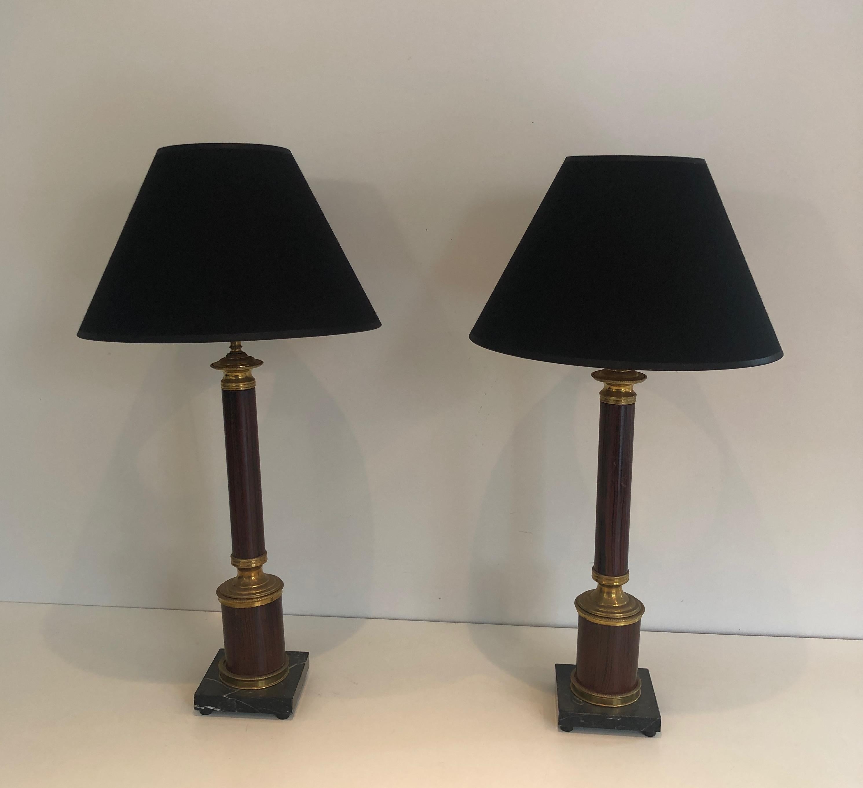 Pair of Neoclassical Style Faux-Bois Metal and Brass Table Lamps For Sale 6