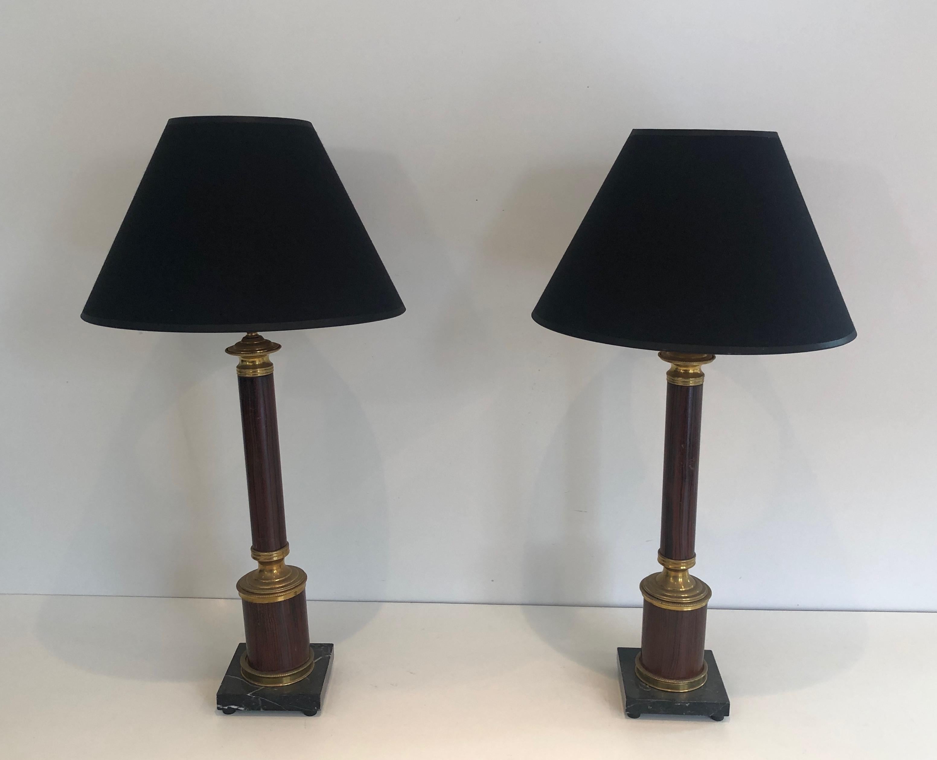 Pair of Neoclassical Style Faux-Bois Metal and Brass Table Lamps For Sale 7