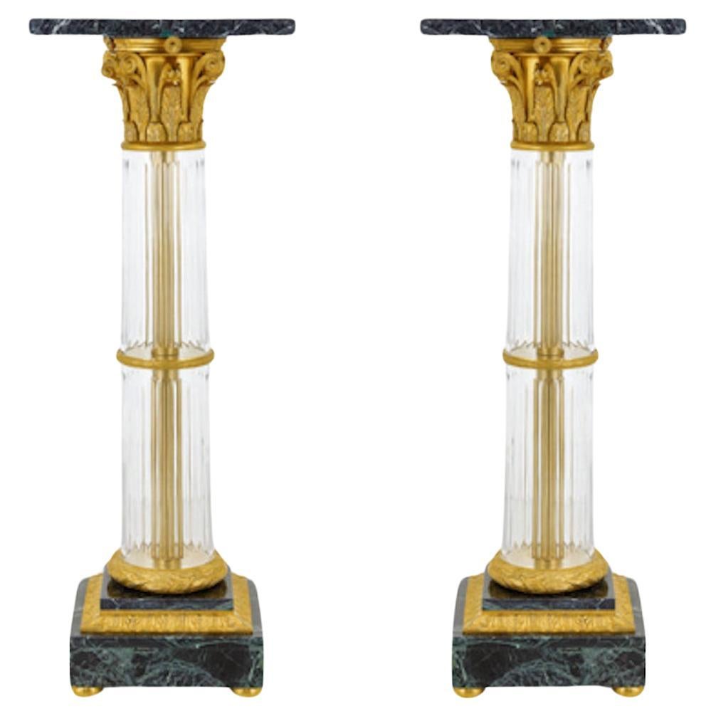 Pair of Neoclassical Style French Crystal and Dore Bronze Pedestals with Marble For Sale